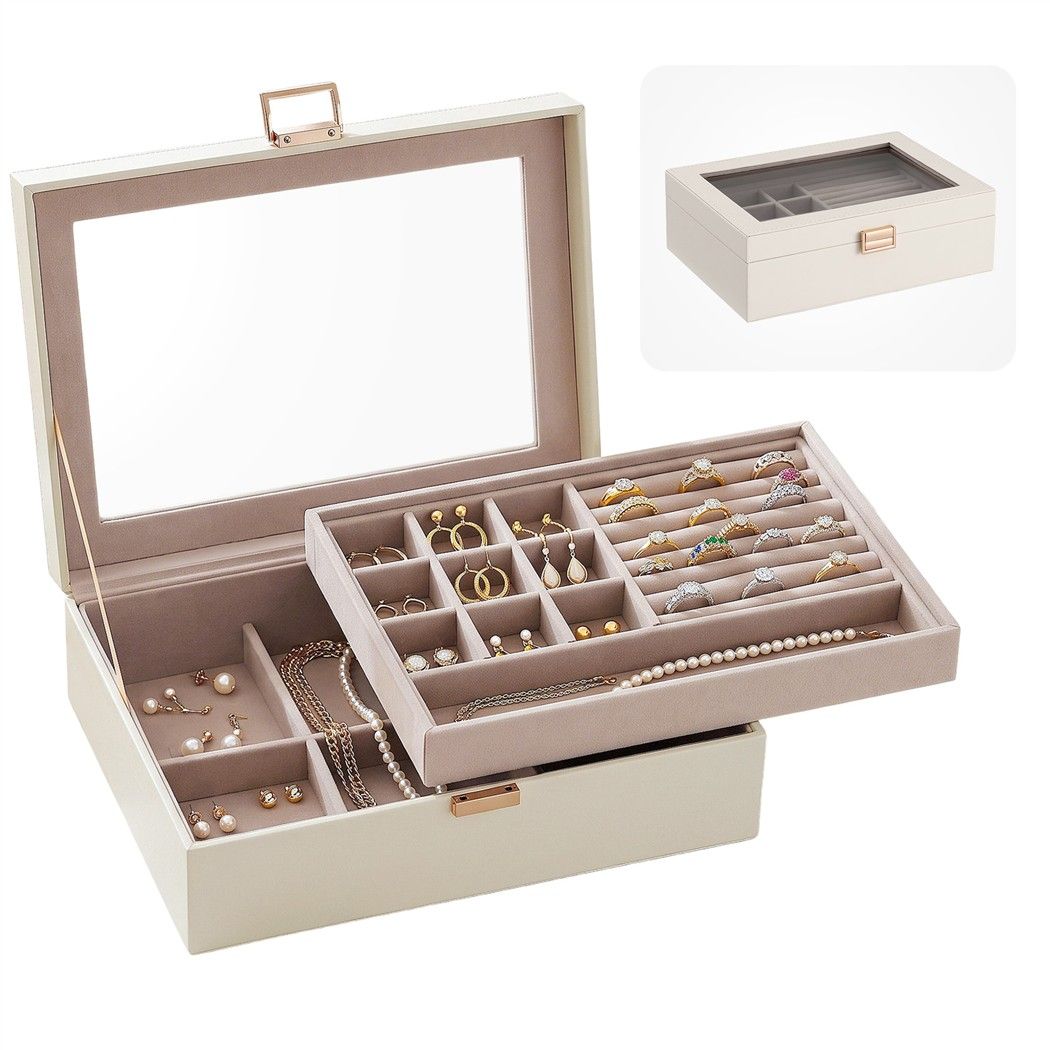 2 Layer Jewellery Box Organiser with Clear Lid - White