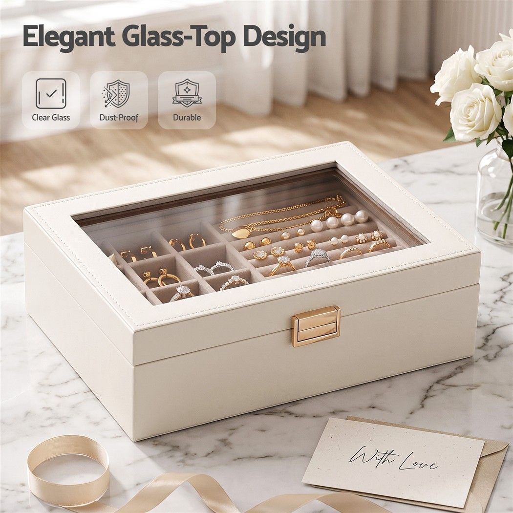 2 Layer Jewellery Box Organiser with Clear Lid - White