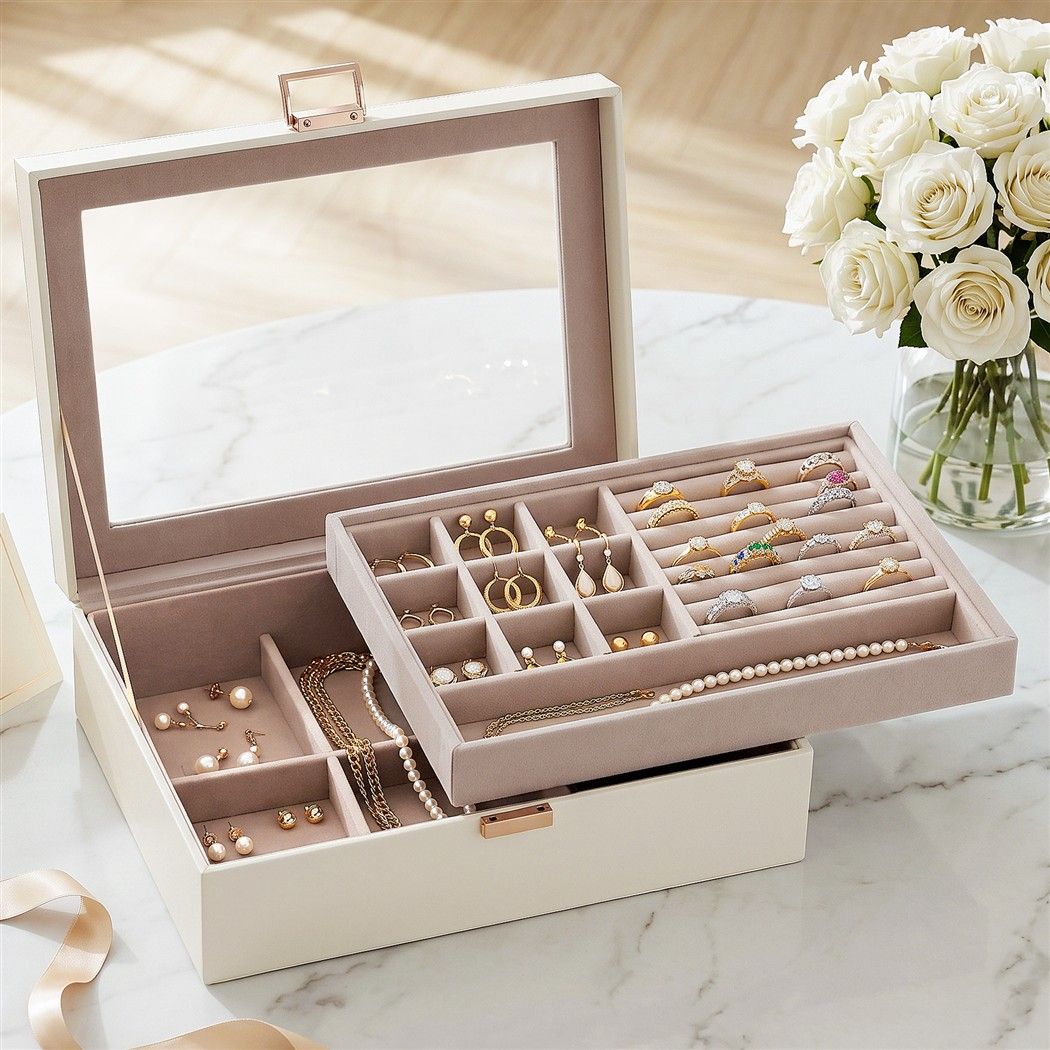 2 Layer Jewellery Box Organiser with Clear Lid - White