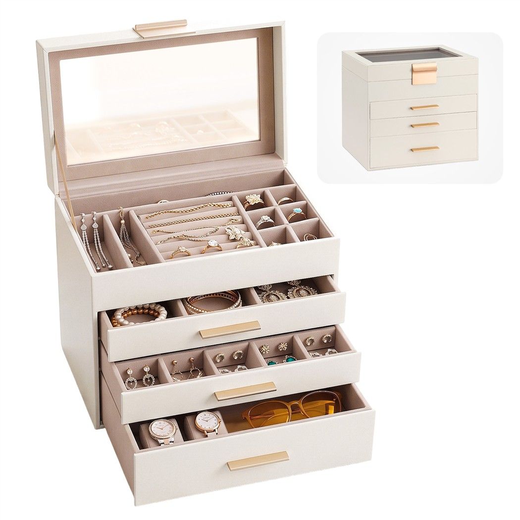 Jewellery Box 4-Layer Organiser with Glass Lid and Drawers - White