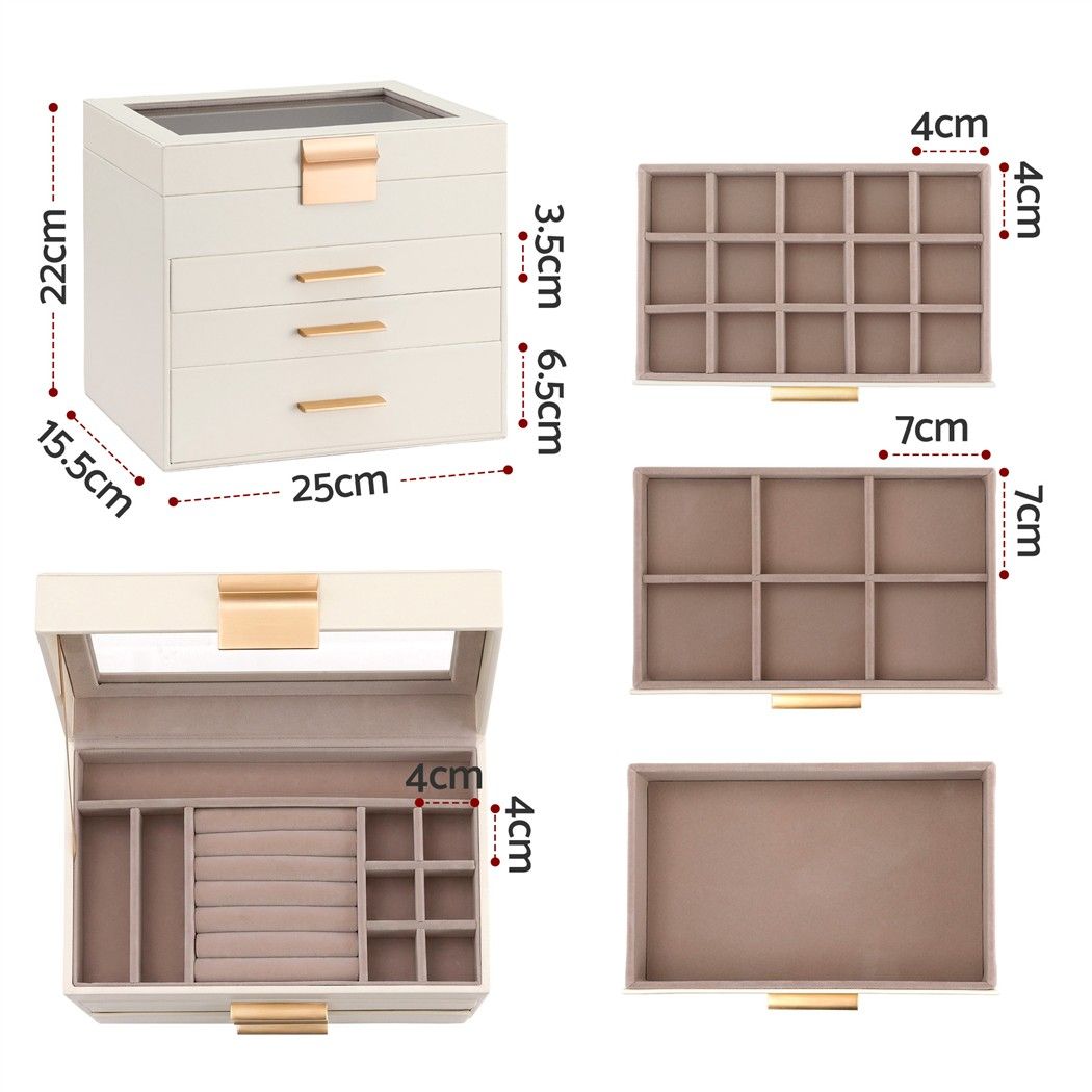 Jewellery Box 4-Layer Organiser with Glass Lid and Drawers - White