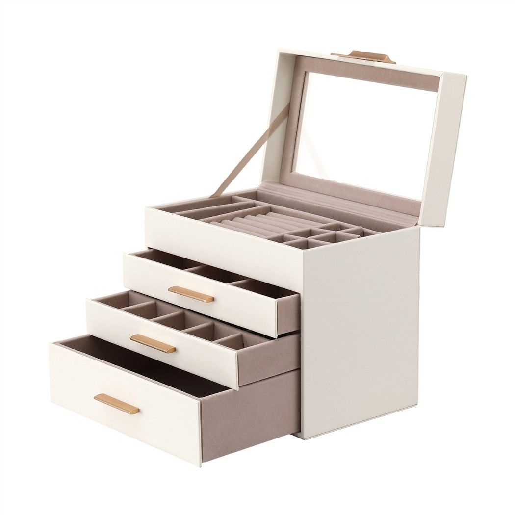 Jewellery Box 4-Layer Organiser with Glass Lid and Drawers - White