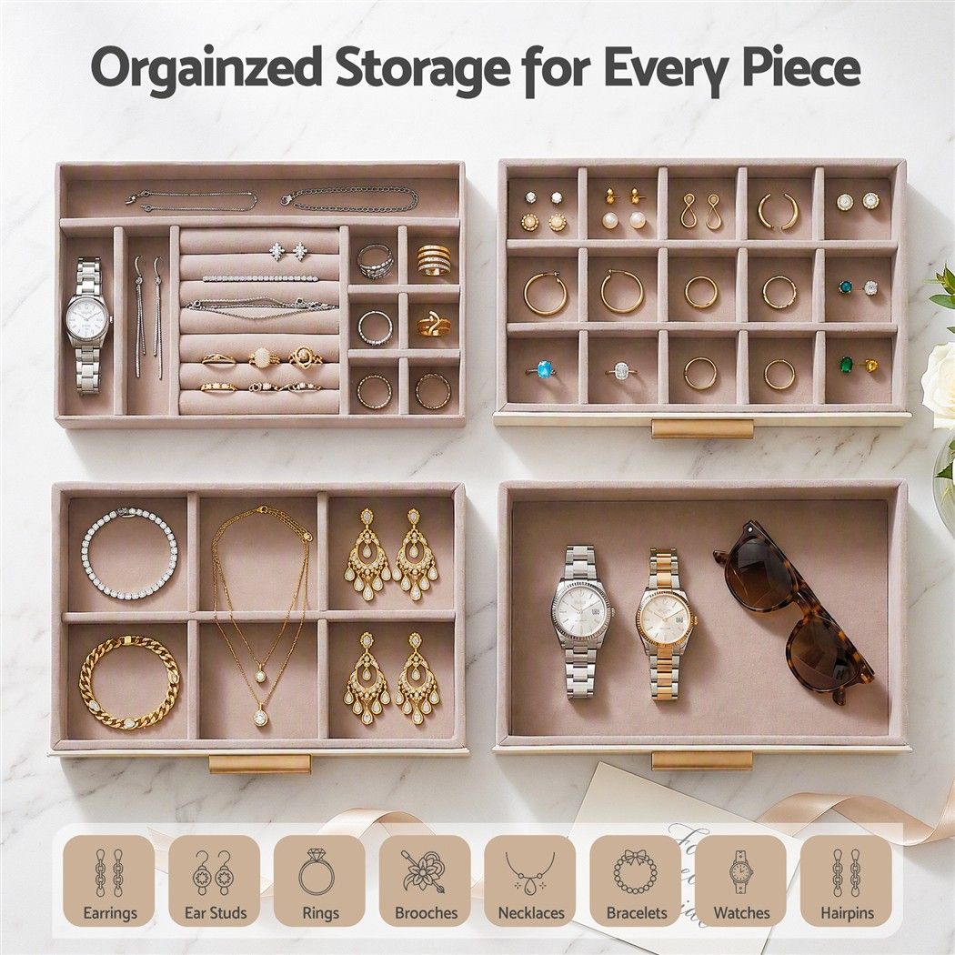 Jewellery Box 4-Layer Organiser with Glass Lid and Drawers - White