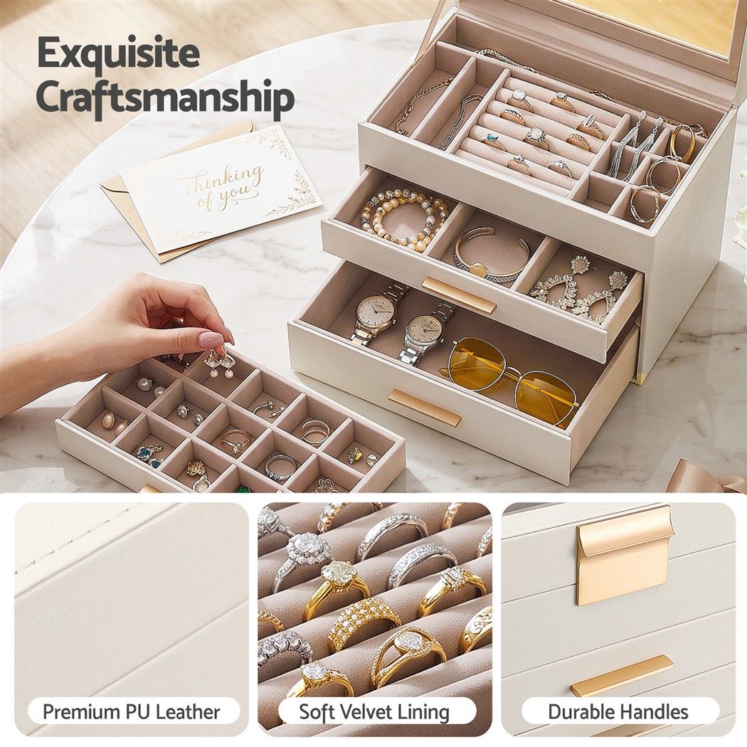Jewellery Box 4-Layer Organiser with Glass Lid and Drawers - White