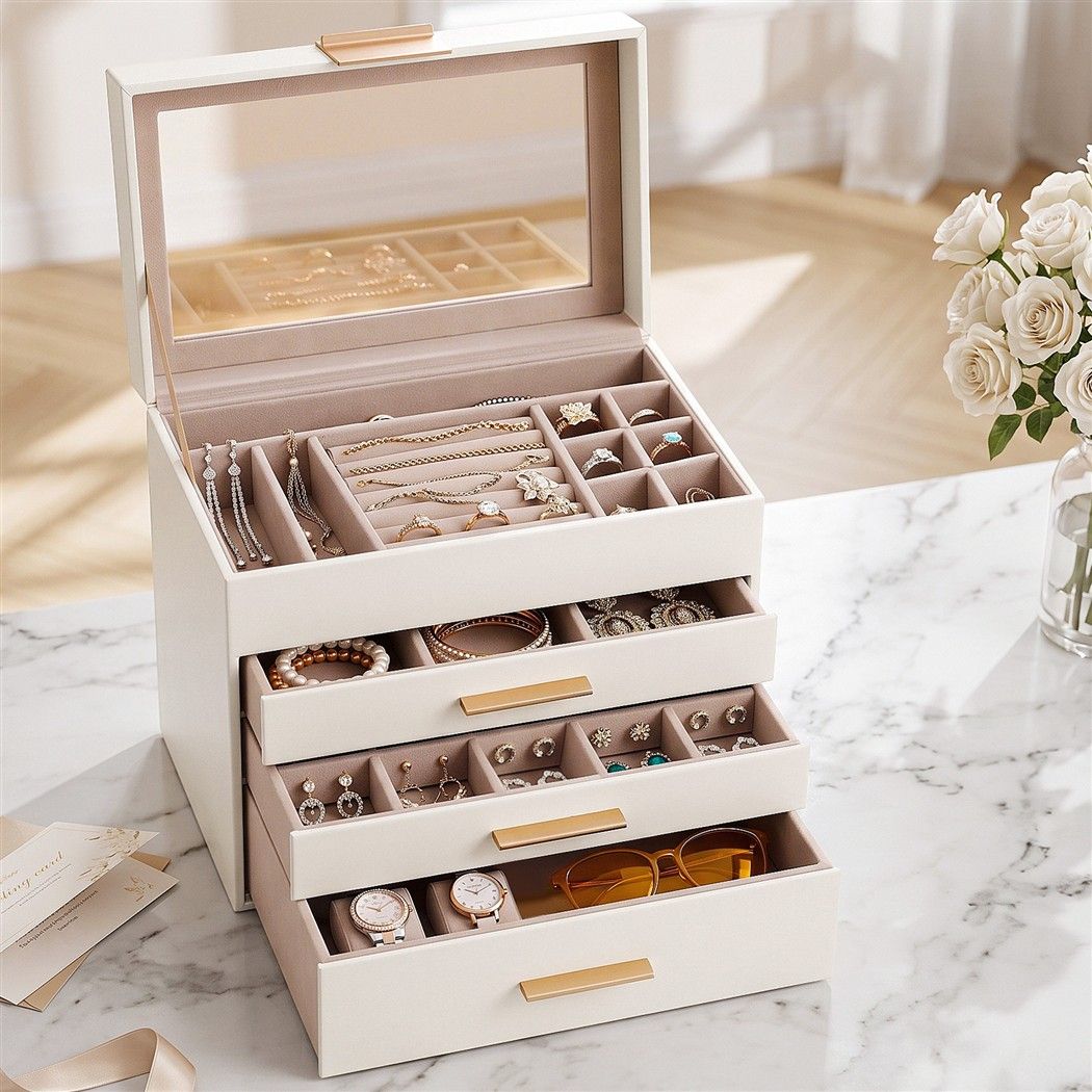Jewellery Box 4-Layer Organiser with Glass Lid and Drawers - White