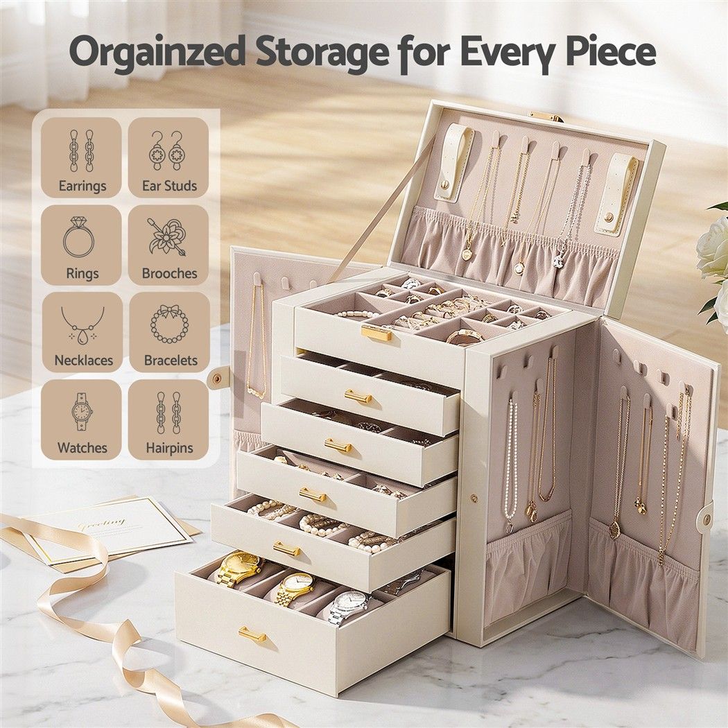 6 Layer Jewellery Box Organiser Large Display Case Storage - White