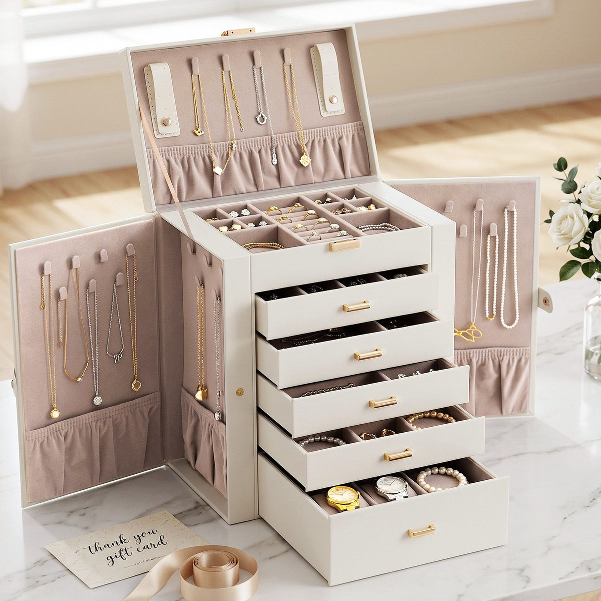 6 Layer Jewellery Box Organiser Large Display Case Storage - White