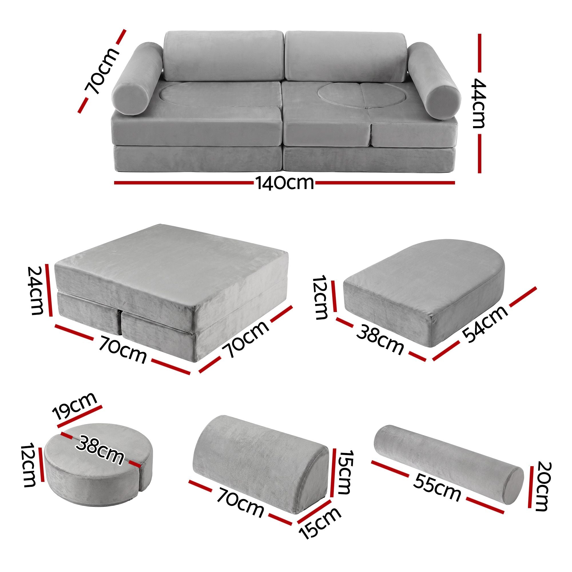 12PCS Modular Kids Play Couch Foam Sofa Set with Removable Washable Cover Grey Playroom
