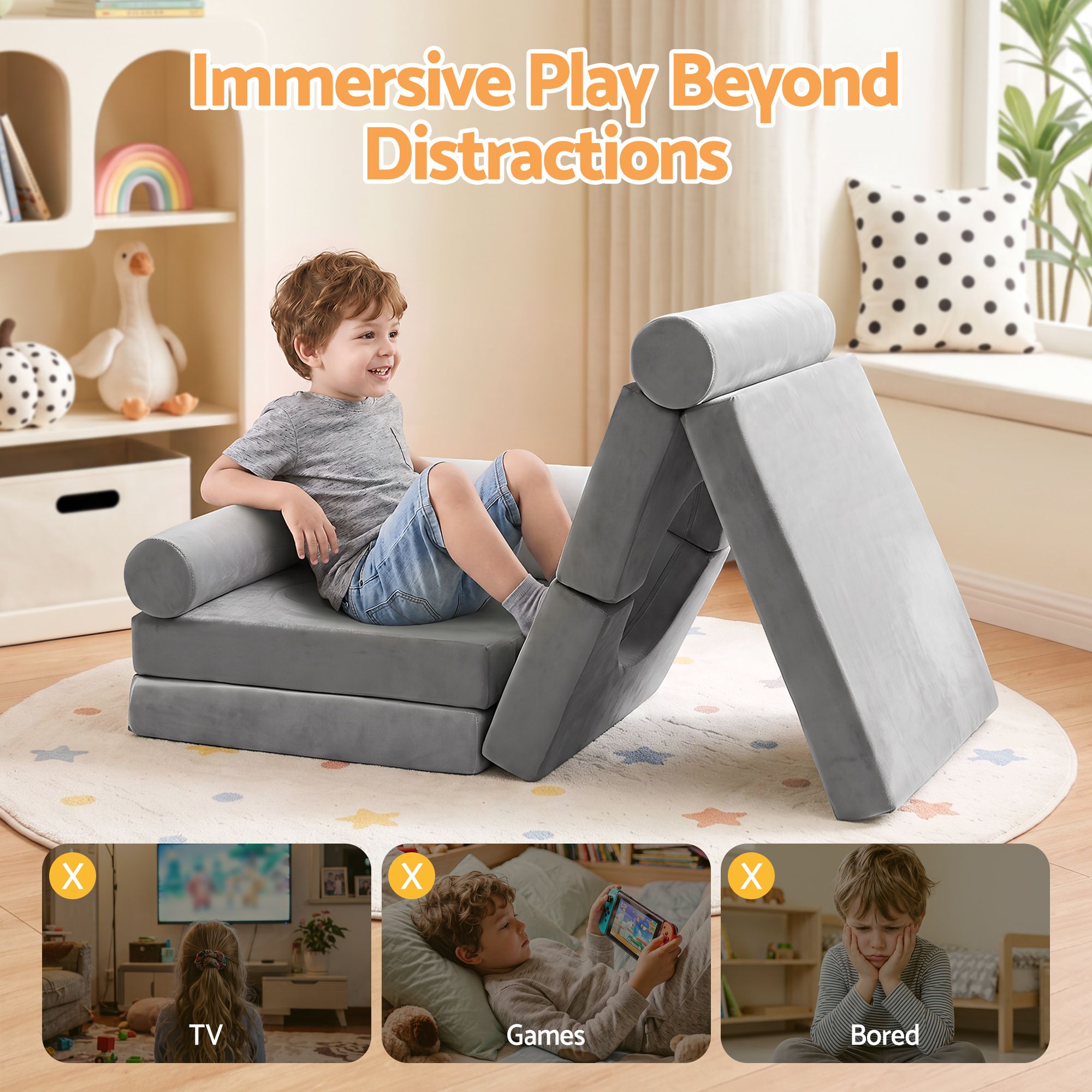12PCS Modular Kids Play Couch Foam Sofa Set with Removable Washable Cover Grey Playroom