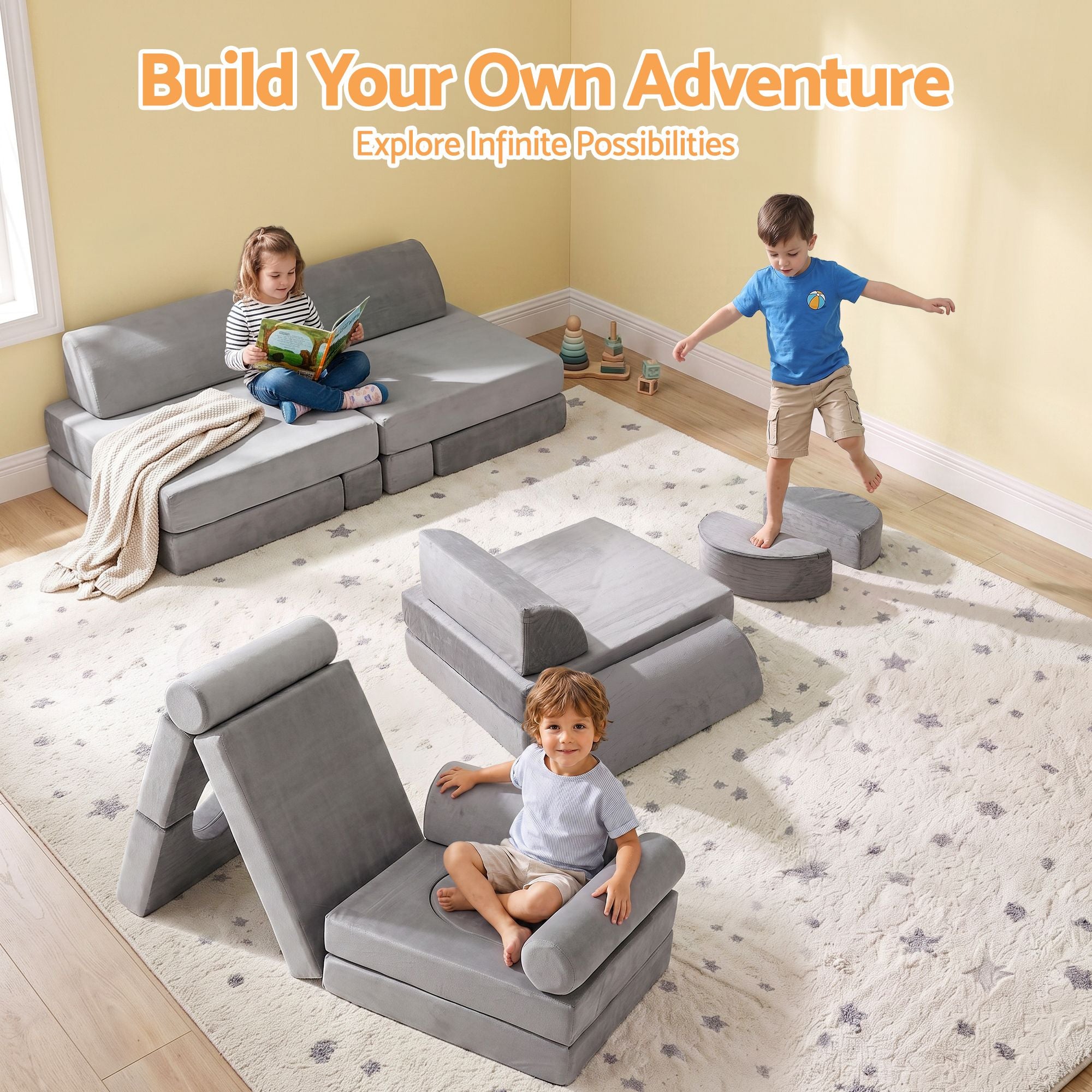 12PCS Modular Kids Play Couch Foam Sofa Set with Removable Washable Cover Grey Playroom