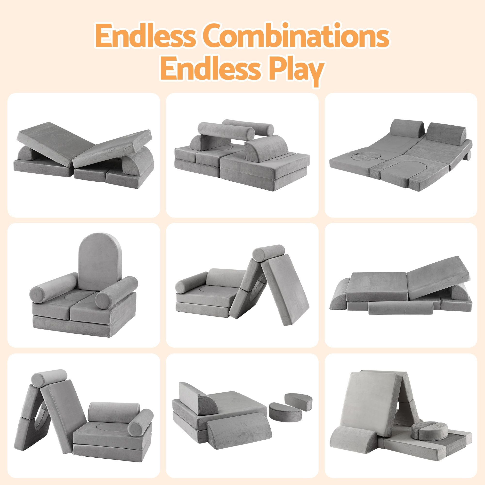 12PCS Modular Kids Play Couch Foam Sofa Set with Removable Washable Cover Grey Playroom