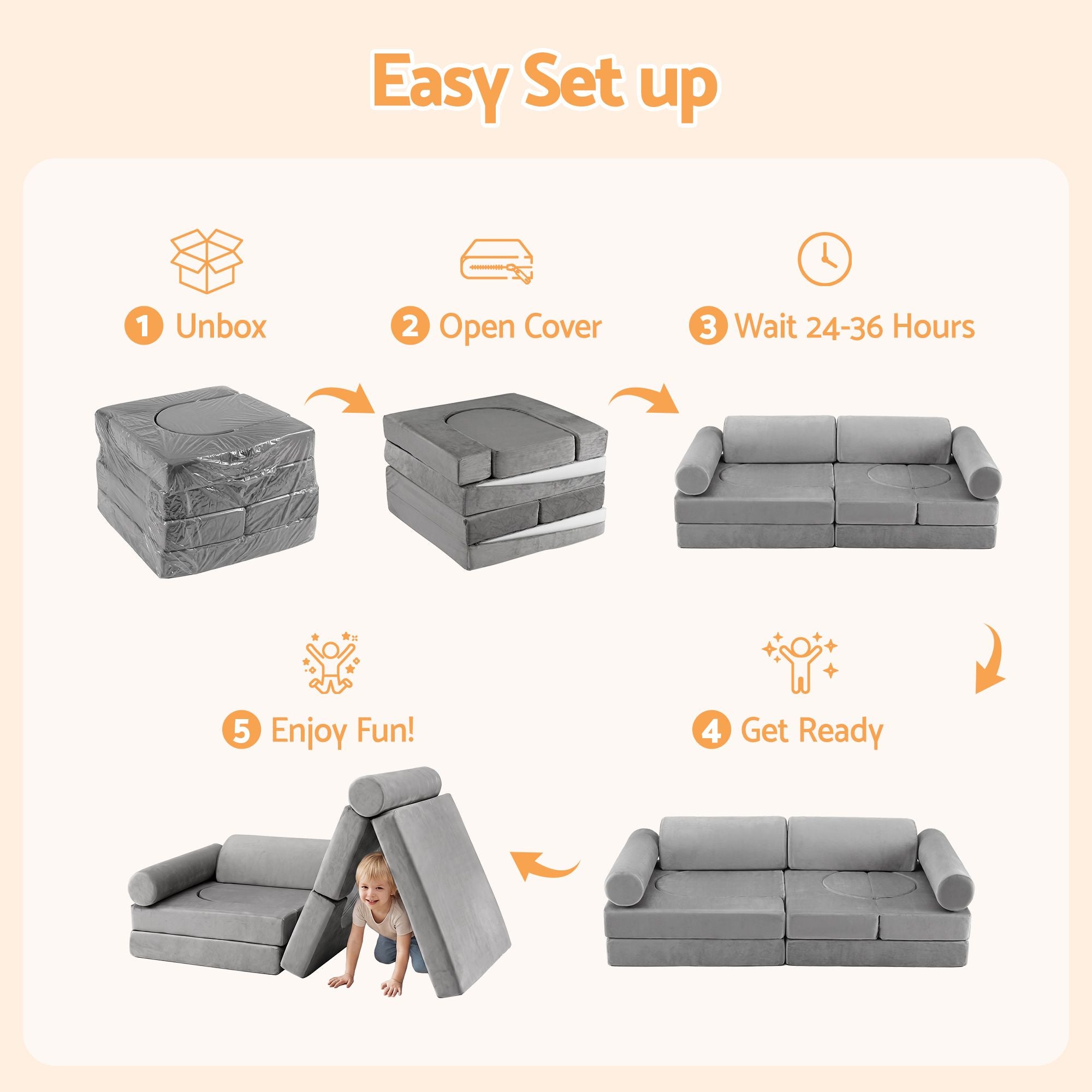 12PCS Modular Kids Play Couch Foam Sofa Set with Removable Washable Cover Grey Playroom
