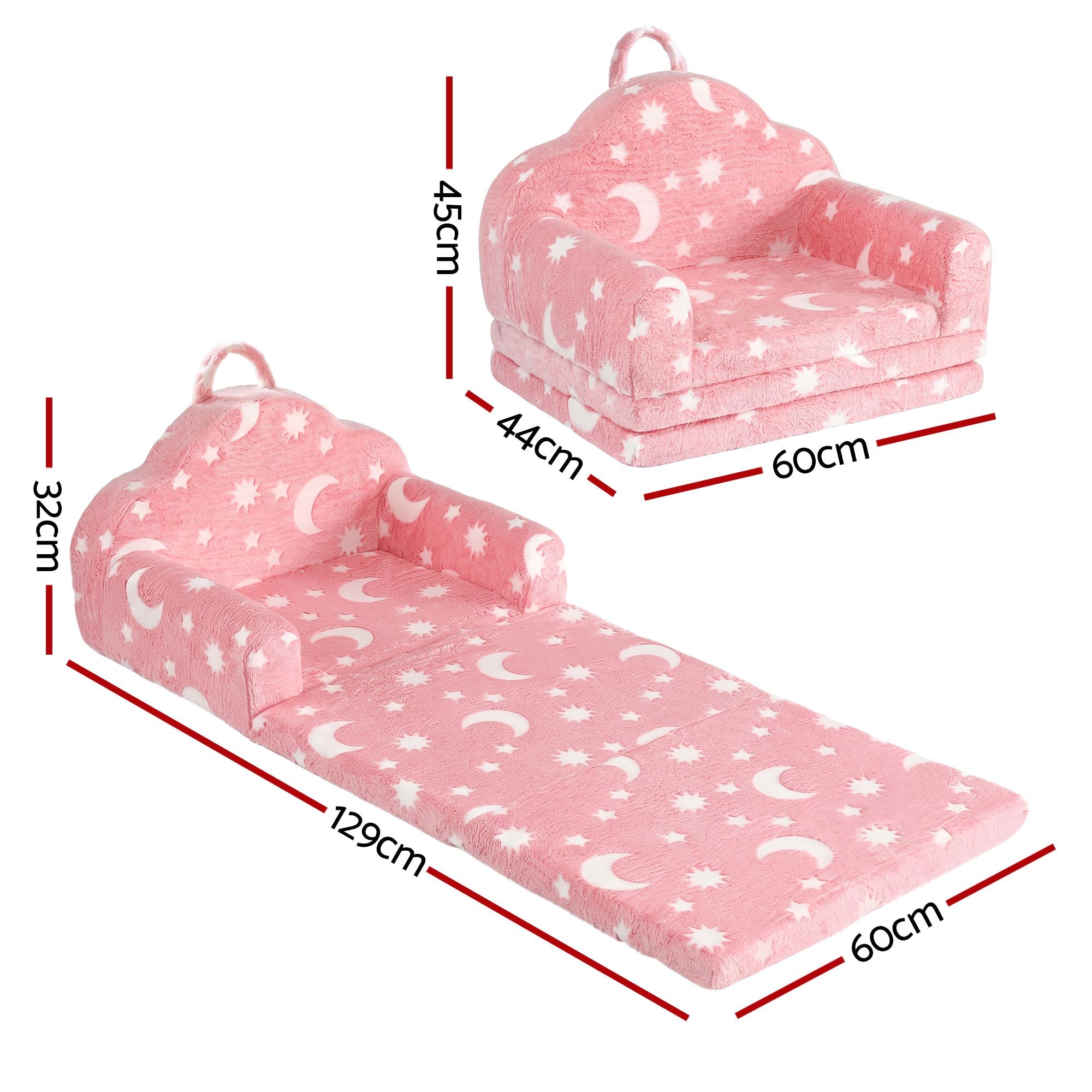 Kids 2-in-1 Fold Out Sofa Bed with Removable Washable Cover, Carry Handle, Storage Pocket, Glow in the Dark, Pink