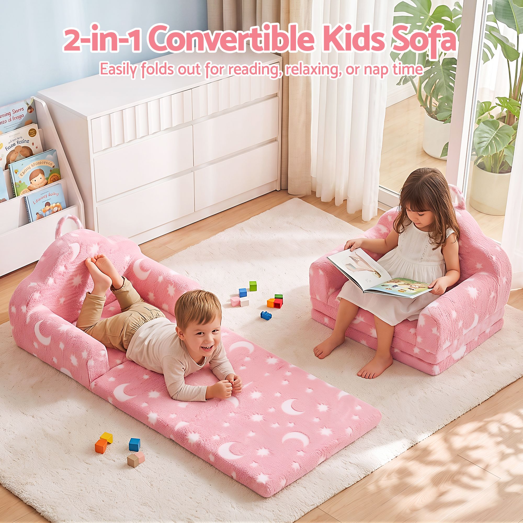 Kids 2-in-1 Fold Out Sofa Bed with Removable Washable Cover, Carry Handle, Storage Pocket, Glow in the Dark, Pink