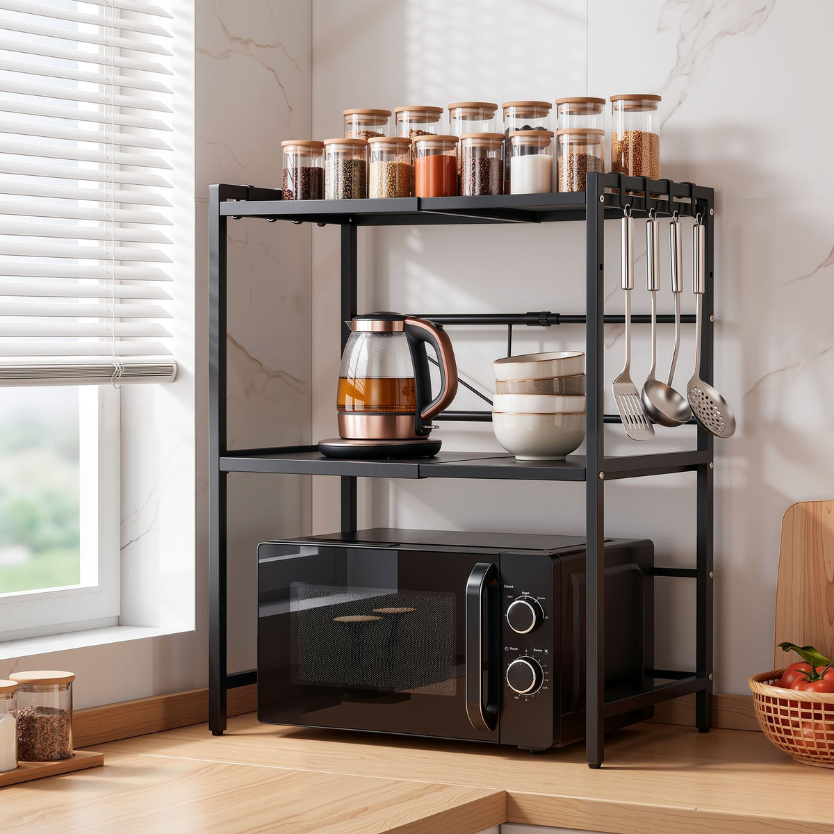 Adjustable Kitchen Microwave Stand 40-60cm x 78cm 2-Tier Metal Rack - Black
