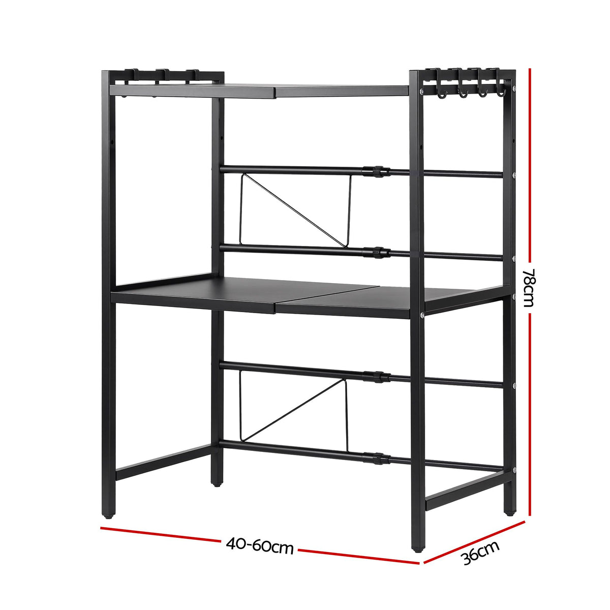 Adjustable Kitchen Microwave Stand 40-60cm x 78cm 2-Tier Metal Rack - Black