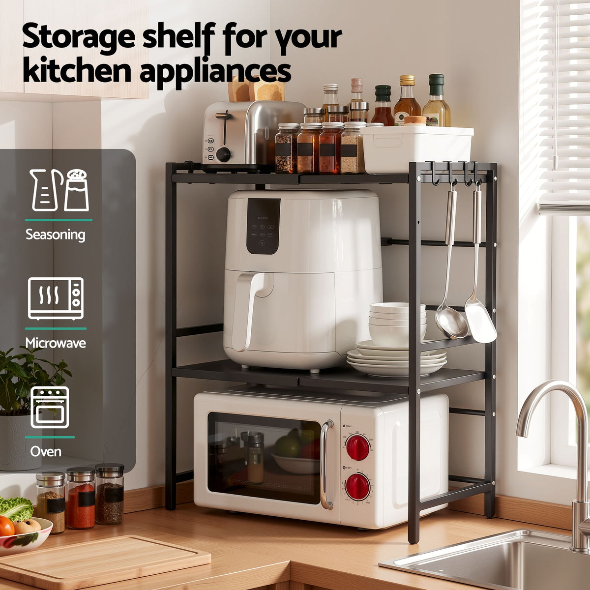 Adjustable Kitchen Microwave Stand 40-60cm x 78cm 2-Tier Metal Rack - Black