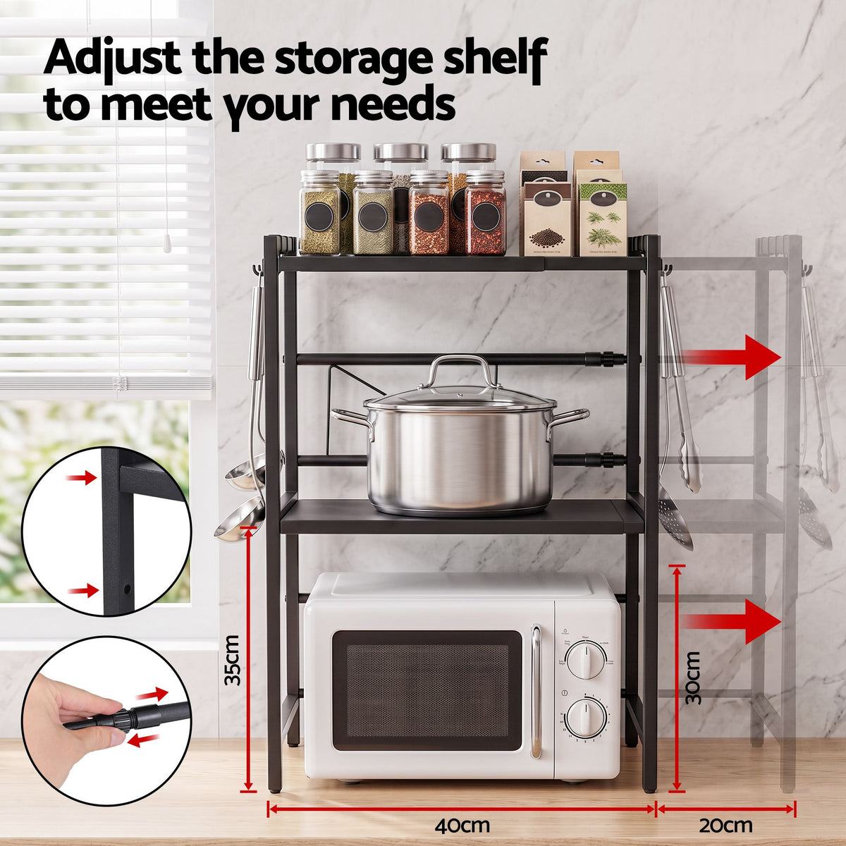Adjustable Kitchen Microwave Stand 40-60cm x 78cm 2-Tier Metal Rack - Black