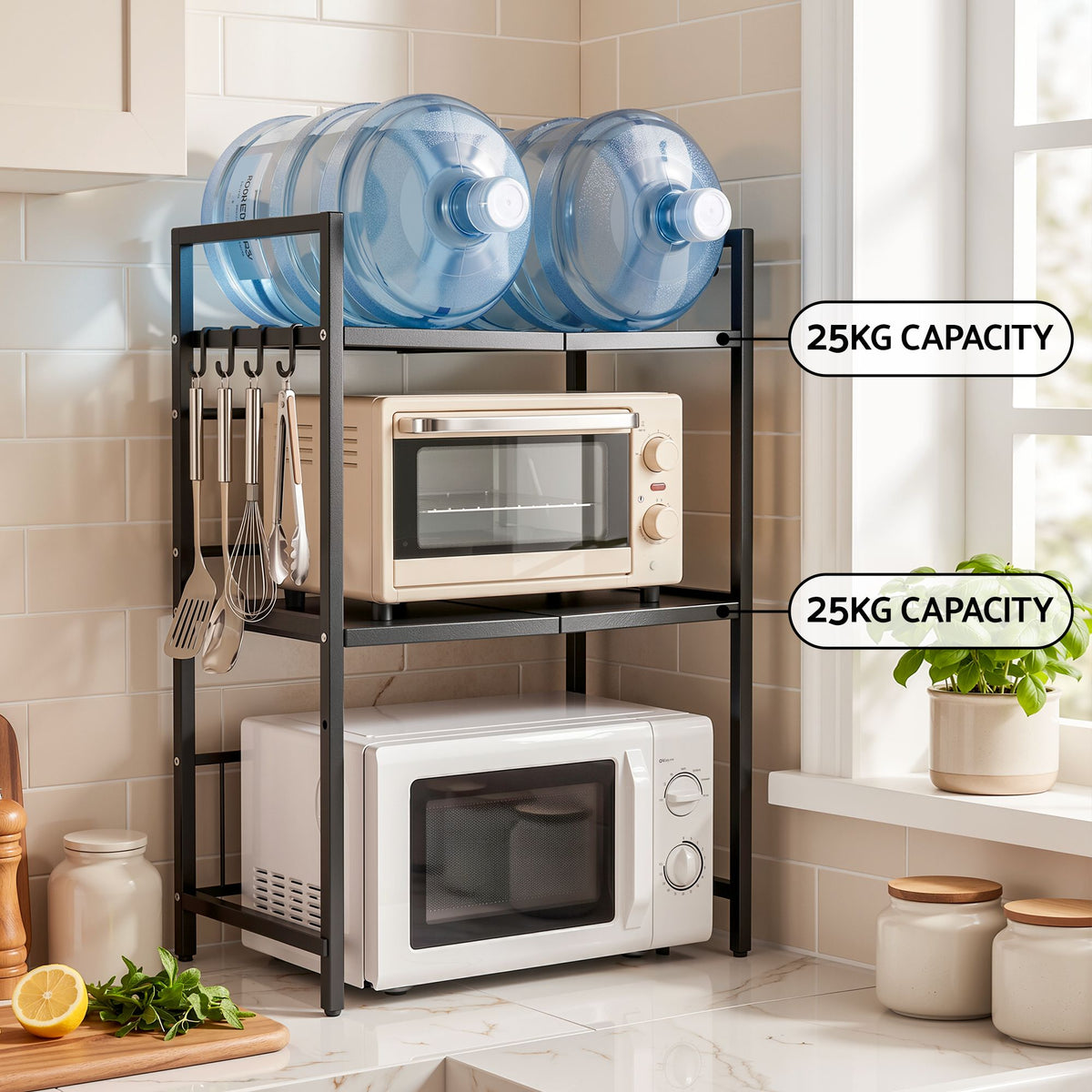 Adjustable Kitchen Microwave Stand 40-60cm x 78cm 2-Tier Metal Rack - Black
