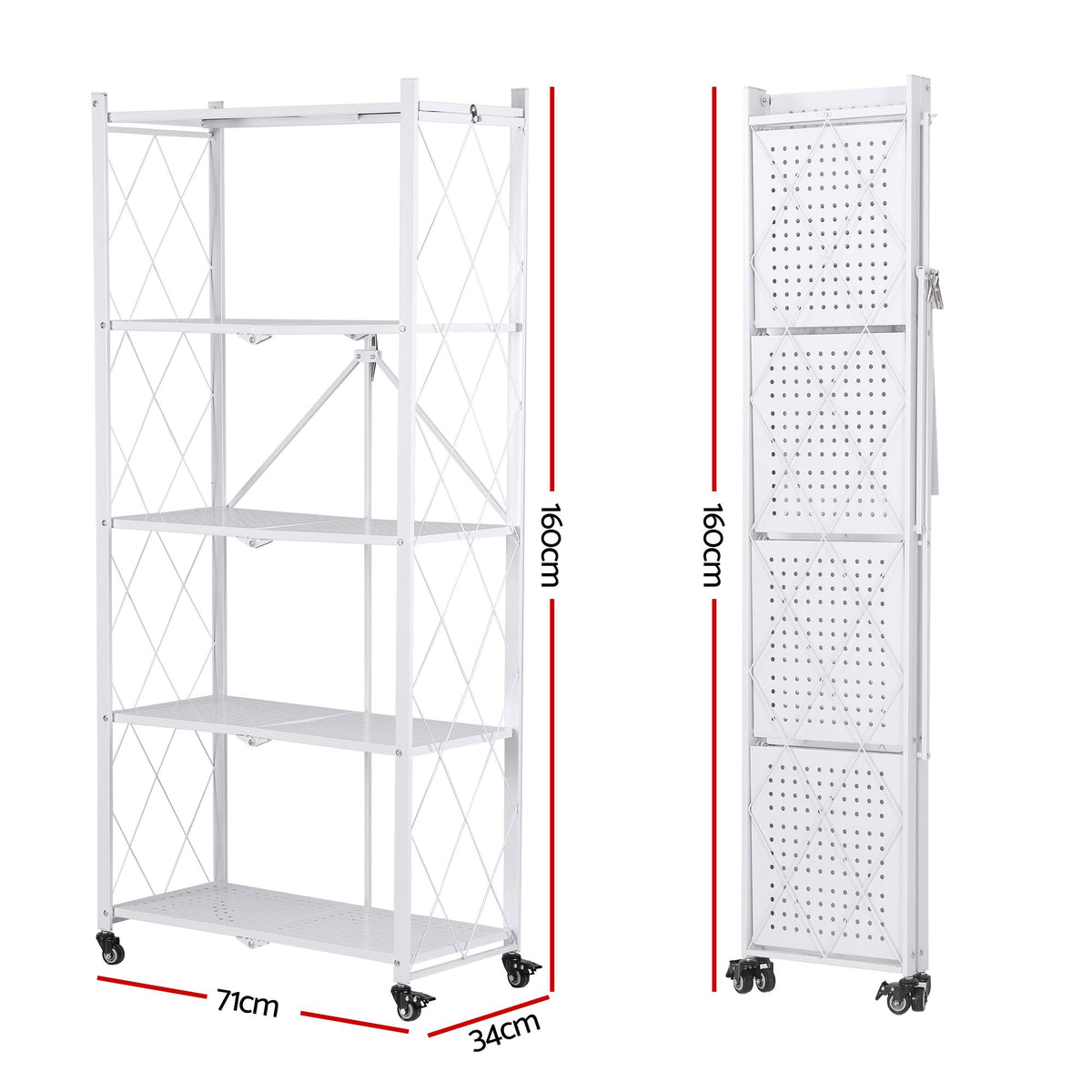 5-Tier Foldable Kitchen Bakers Rack 71x160cm Microwave Stand - White