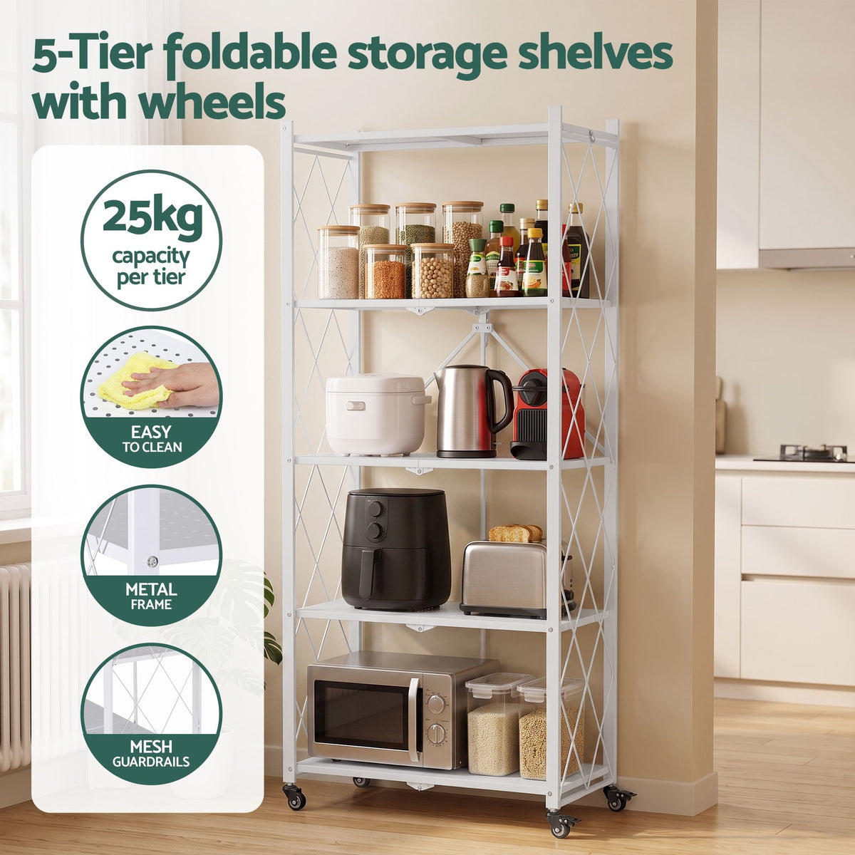 5-Tier Foldable Kitchen Bakers Rack 71x160cm Microwave Stand - White