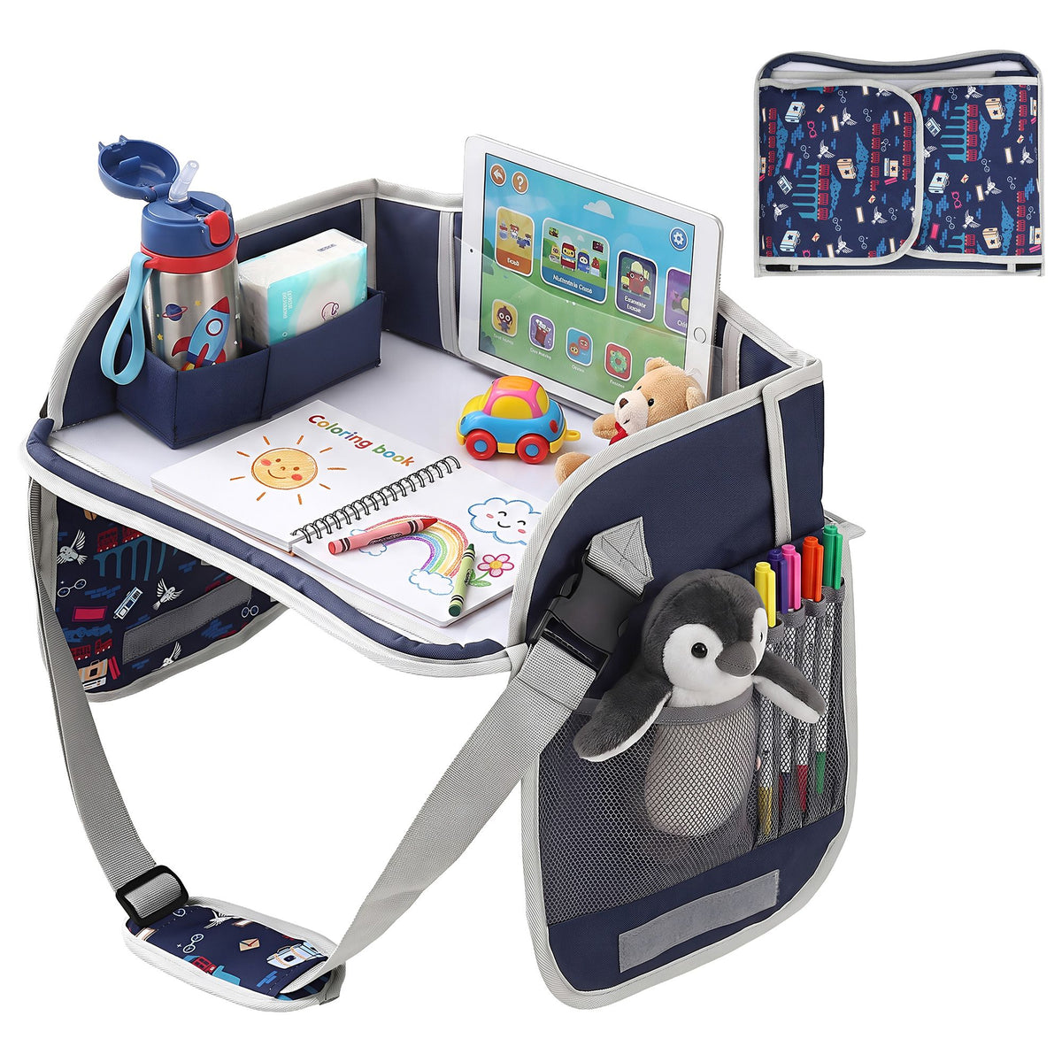 Kids Travel Tray Car Seat Lap Desk Portable Organiser for Car & Airplane - Blue