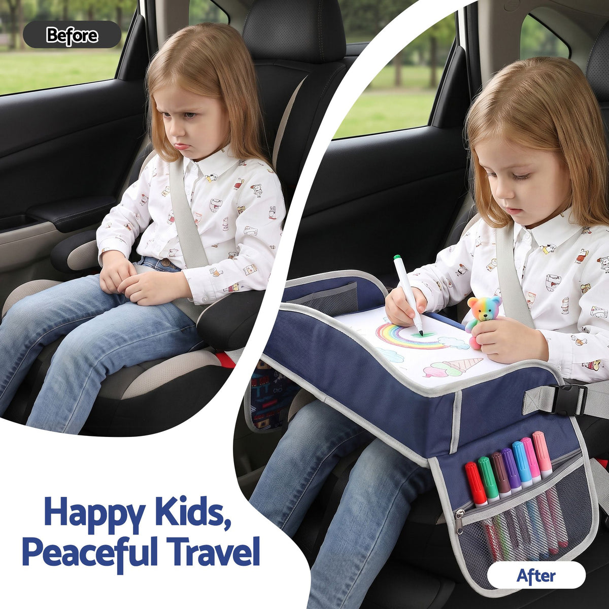 Kids Travel Tray Car Seat Lap Desk Portable Organiser for Car & Airplane - Blue