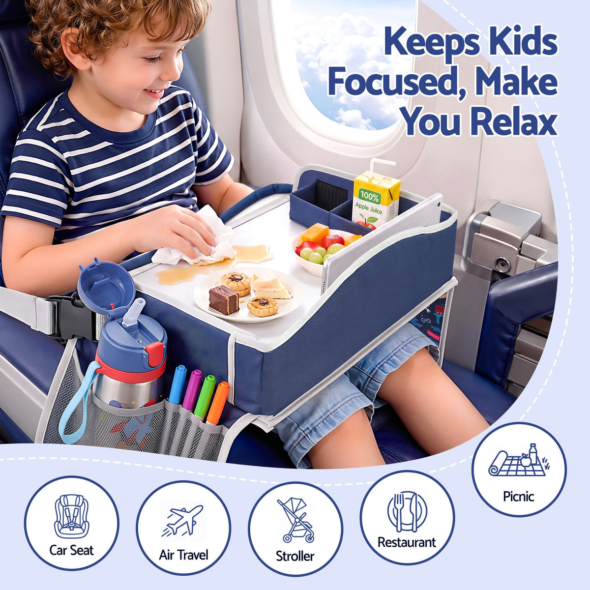 Kids Travel Tray Car Seat Lap Desk Portable Organiser for Car & Airplane - Blue