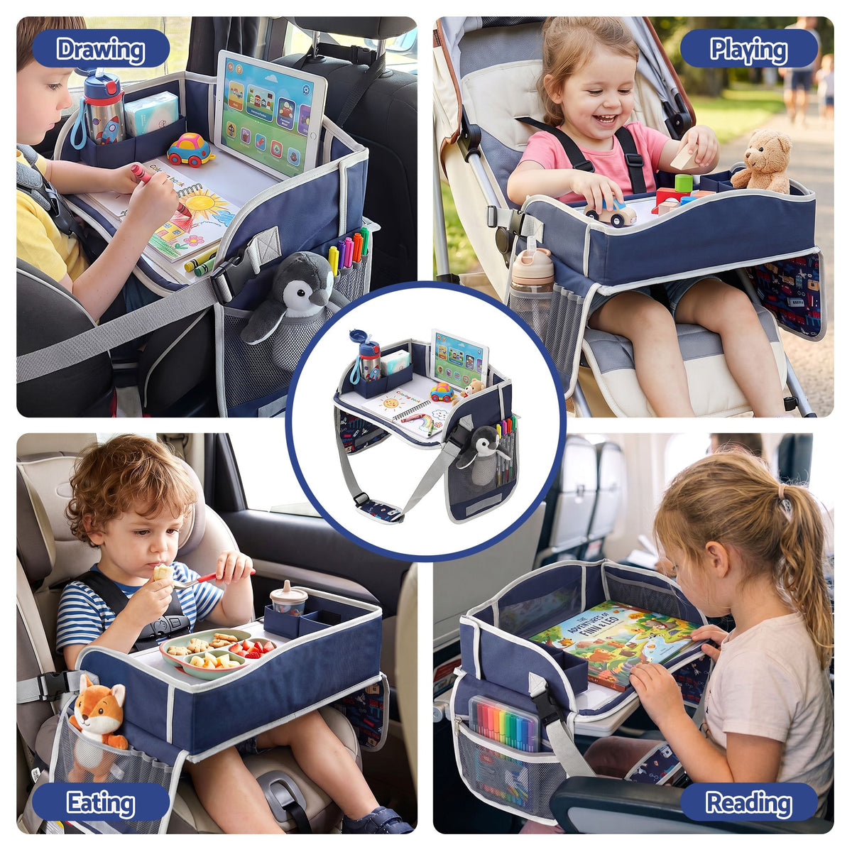 Kids Travel Tray Car Seat Lap Desk Portable Organiser for Car & Airplane - Blue