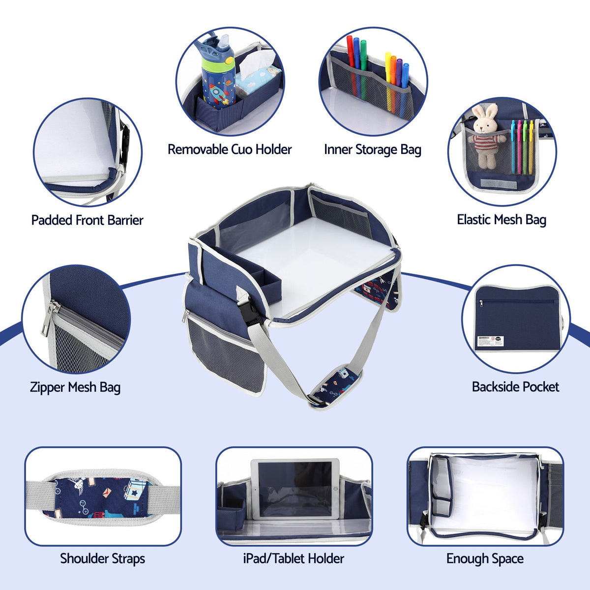 Kids Travel Tray Car Seat Lap Desk Portable Organiser for Car & Airplane - Blue