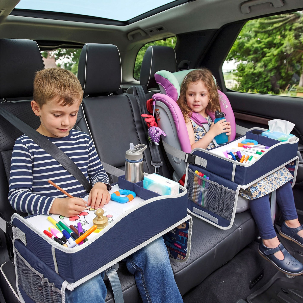 Kids Travel Tray Car Seat Lap Desk Portable Organiser for Car & Airplane - Blue