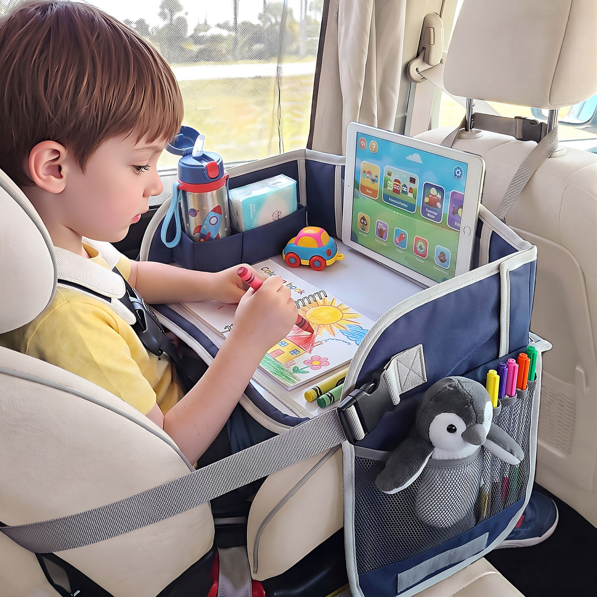 Kids Travel Tray Car Seat Lap Desk Portable Organiser for Car & Airplane - Blue