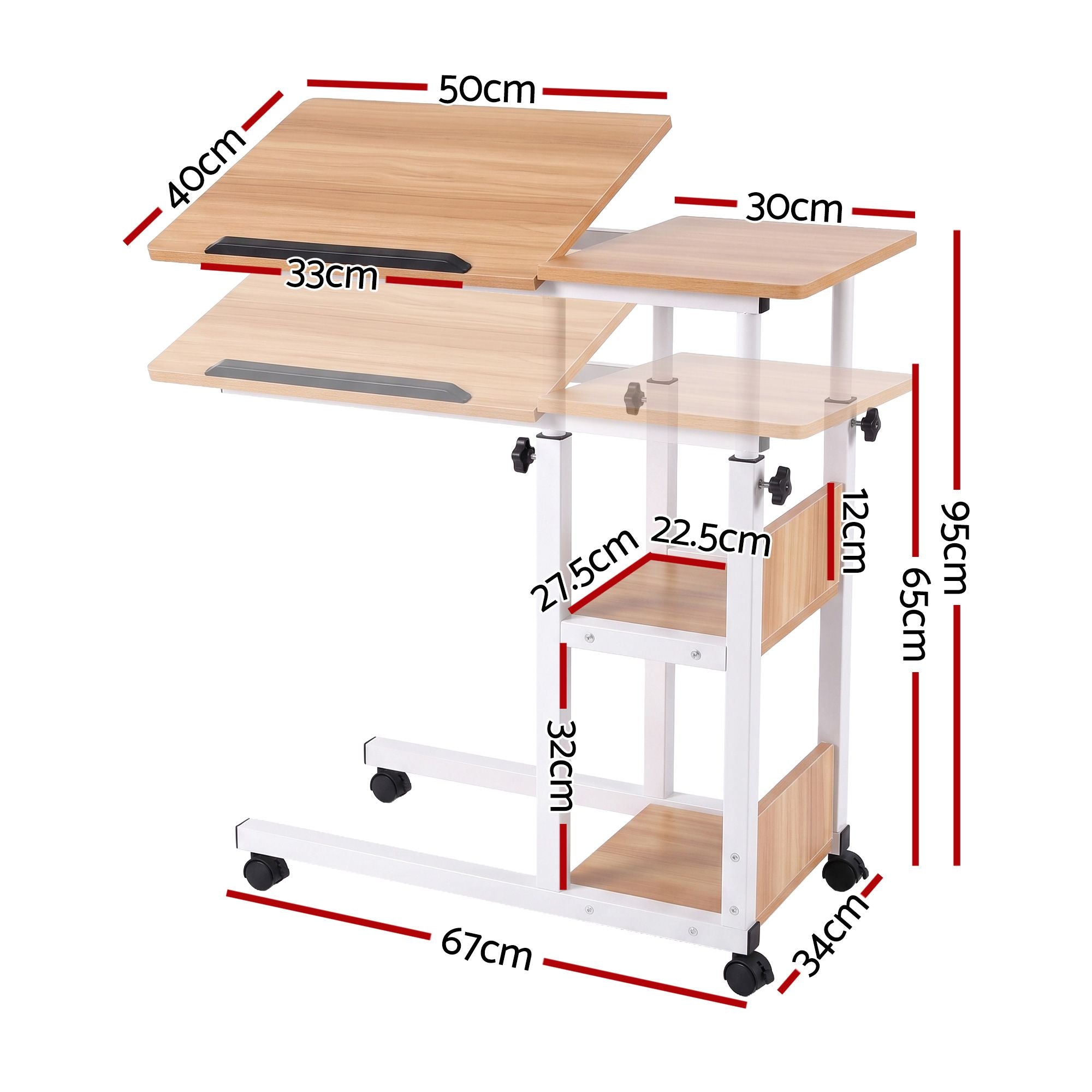 3 Tier Adjustable Laptop Desk Tiltable Mobile Side Table Wheels Oak