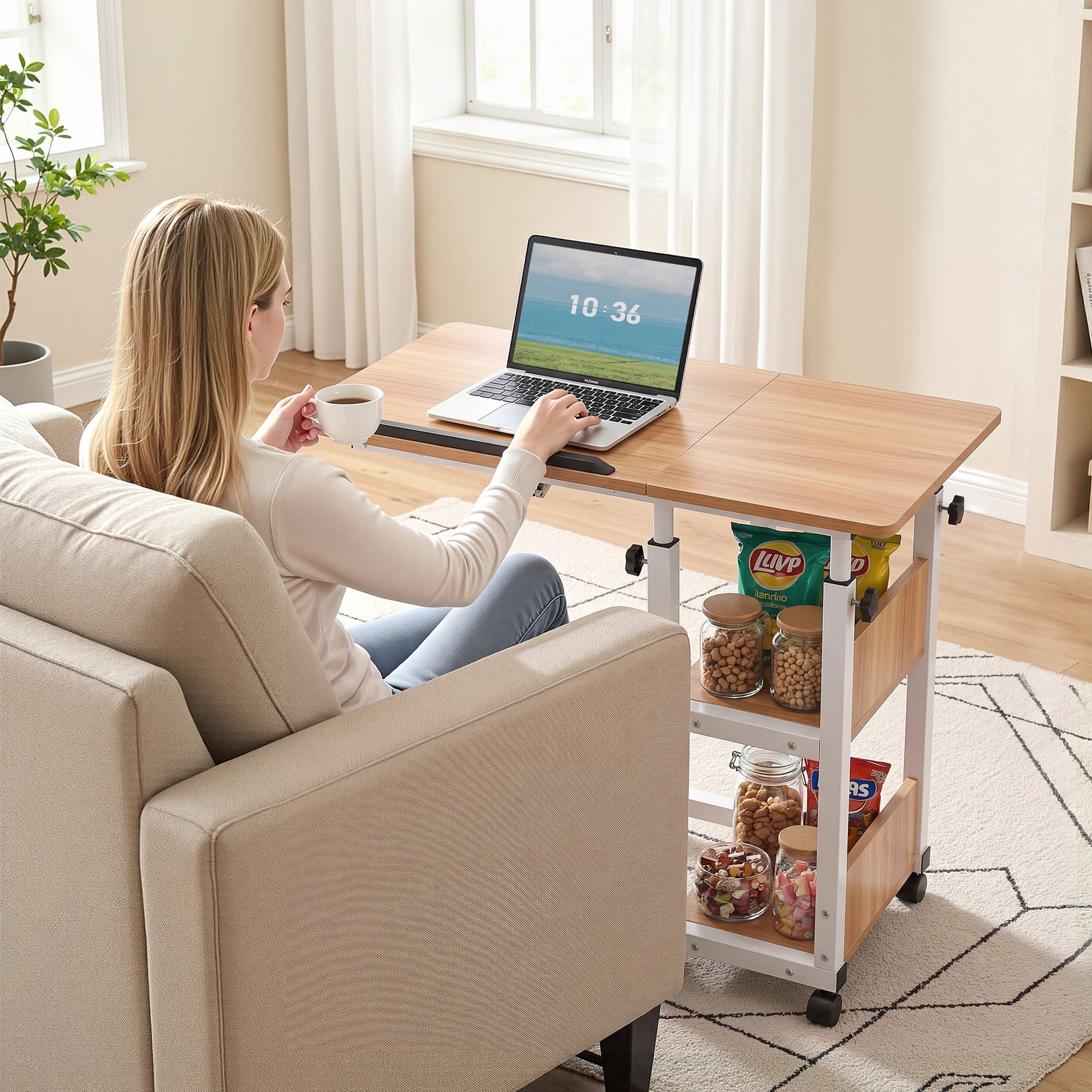 3 Tier Adjustable Laptop Desk Tiltable Mobile Side Table Wheels Oak