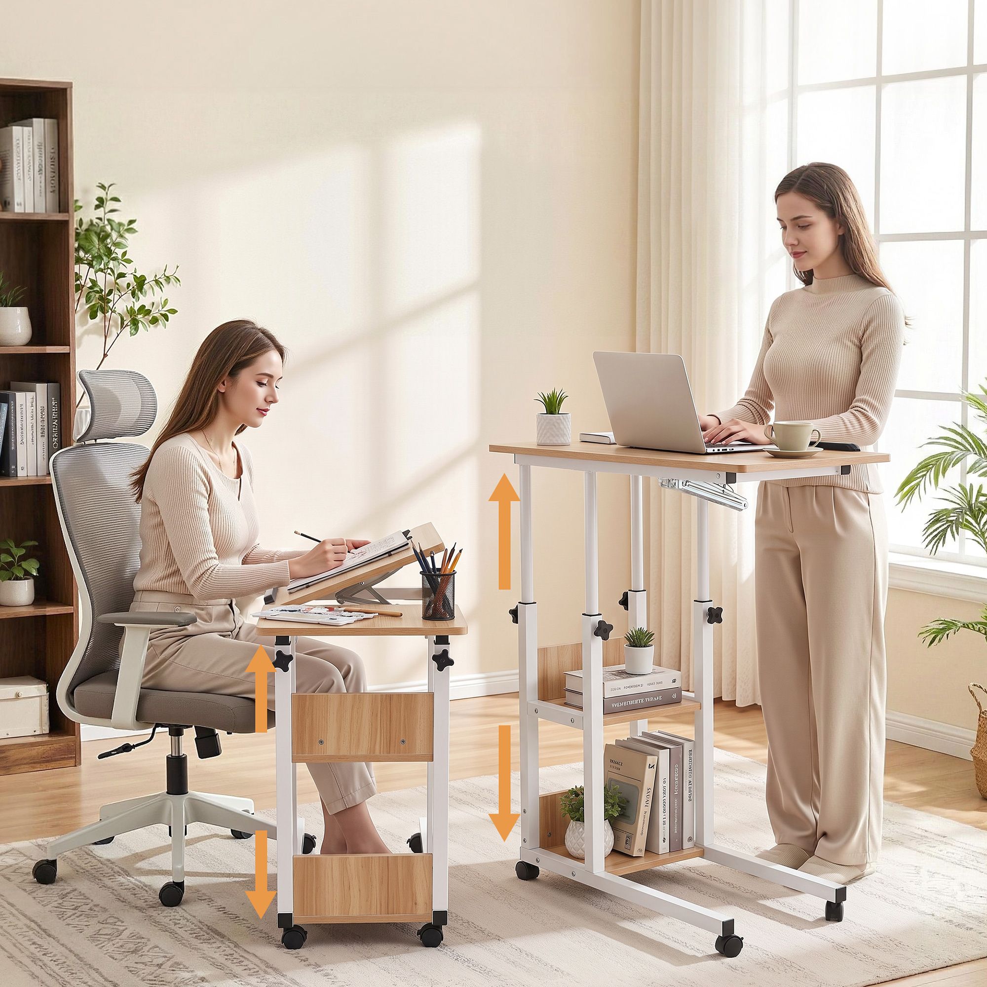 3 Tier Adjustable Laptop Desk Tiltable Mobile Side Table Wheels Oak