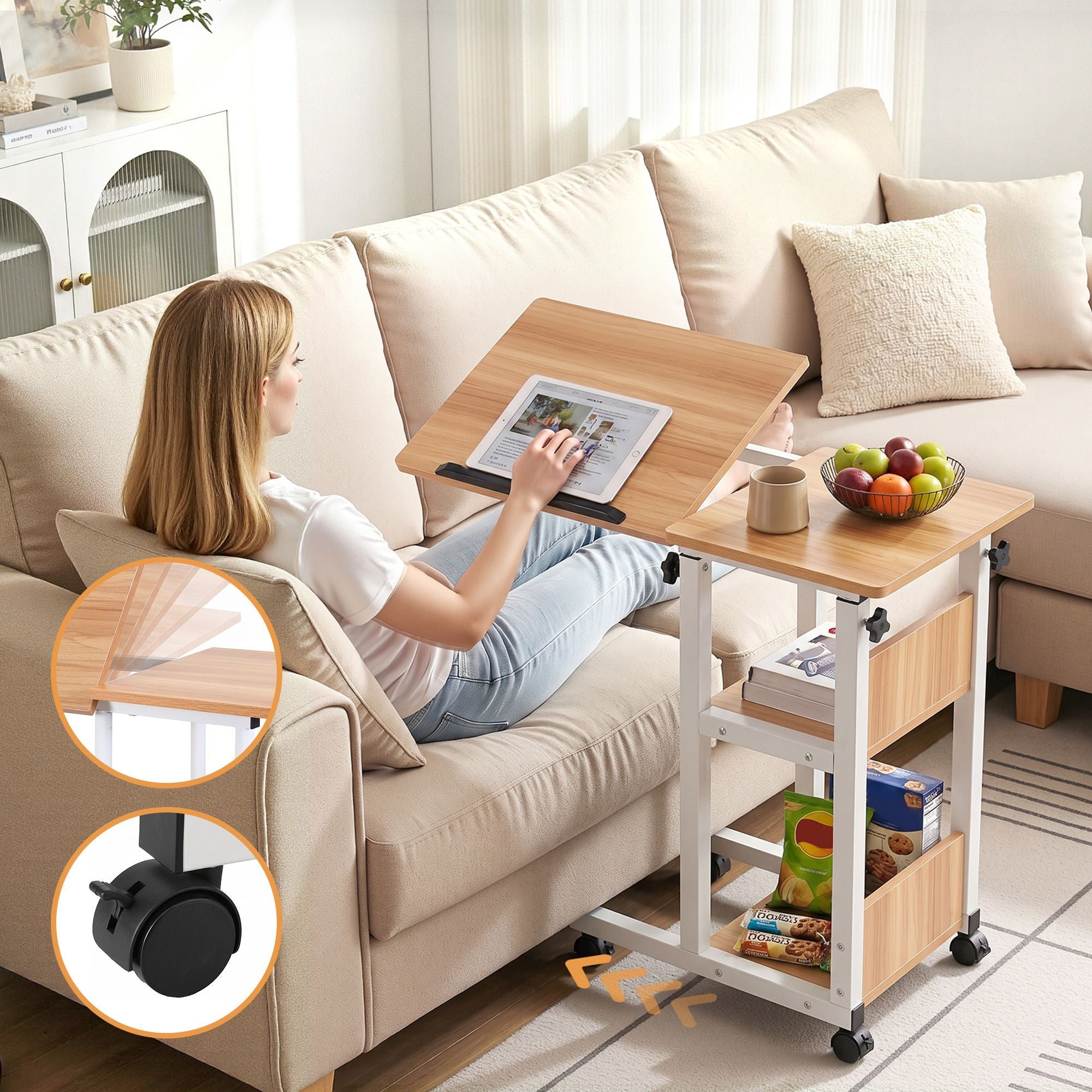3 Tier Adjustable Laptop Desk Tiltable Mobile Side Table Wheels Oak