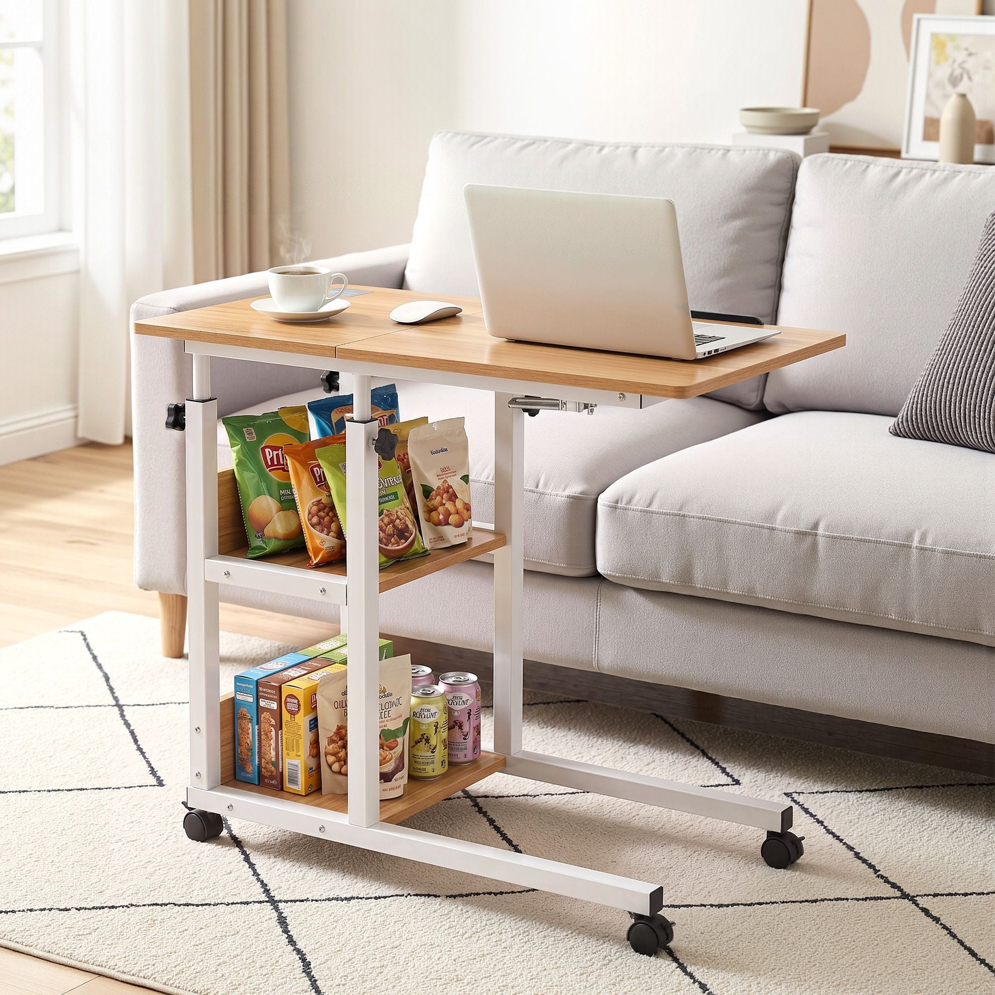3 Tier Adjustable Laptop Desk Tiltable Mobile Side Table Wheels Oak