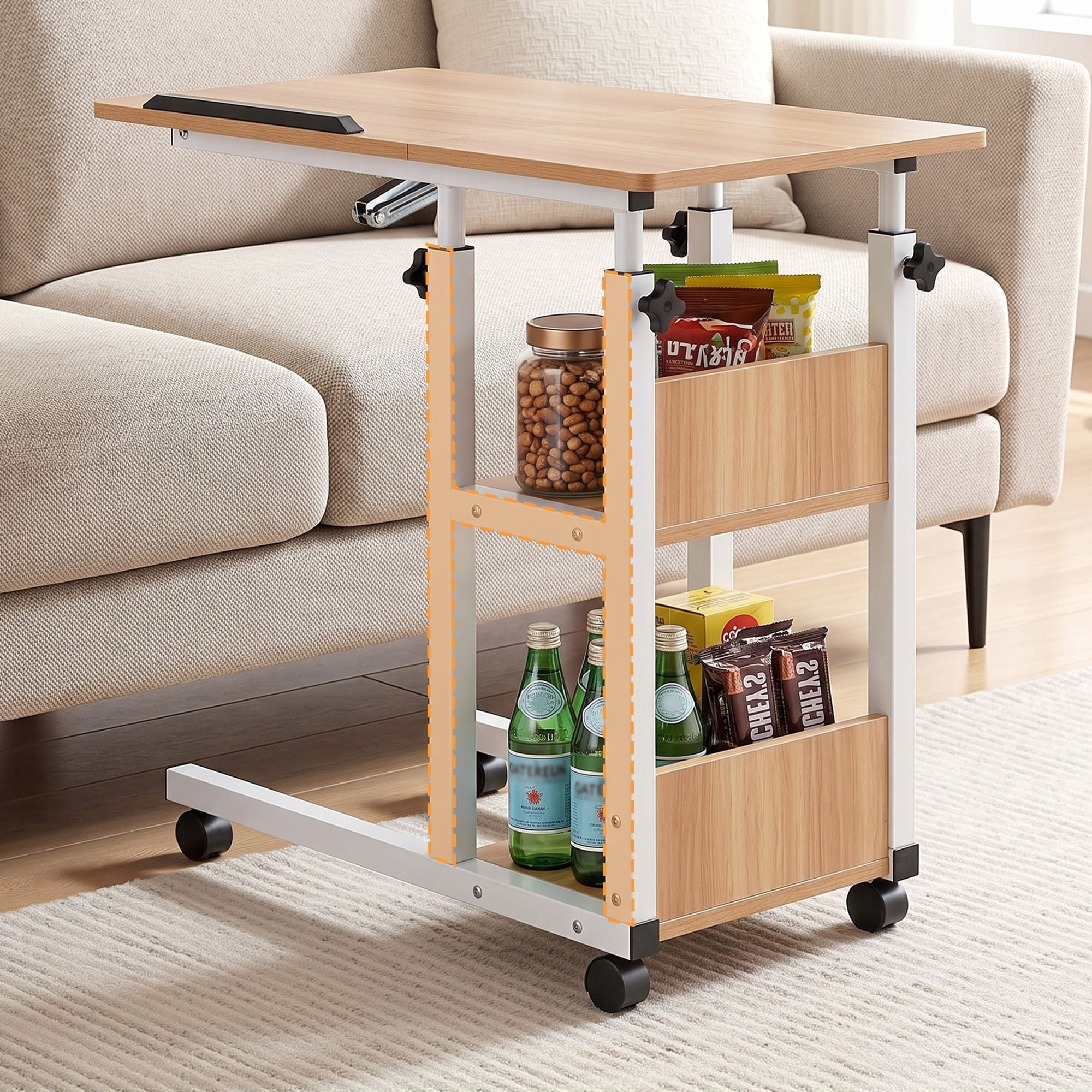 3 Tier Adjustable Laptop Desk Tiltable Mobile Side Table Wheels Oak