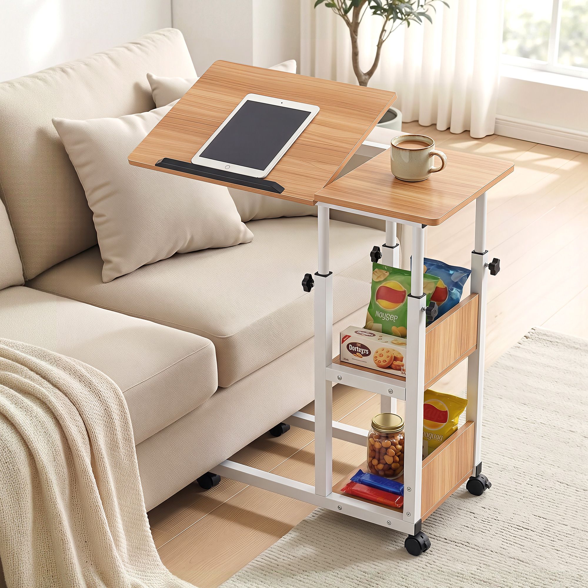 3 Tier Adjustable Laptop Desk Tiltable Mobile Side Table Wheels Oak