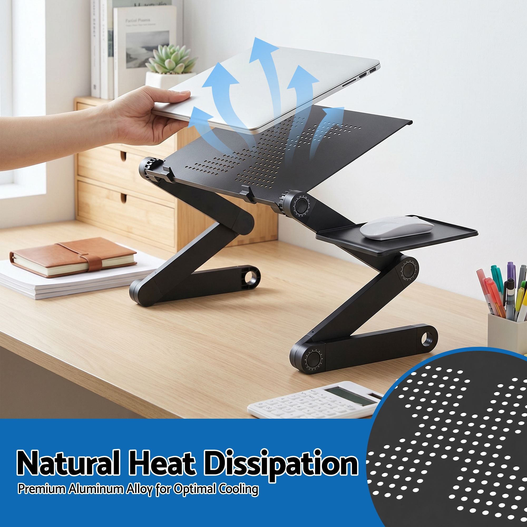 Aluminium Laptop Stand with Foldable Lap Desk and Detachable Mouse Pad - Black