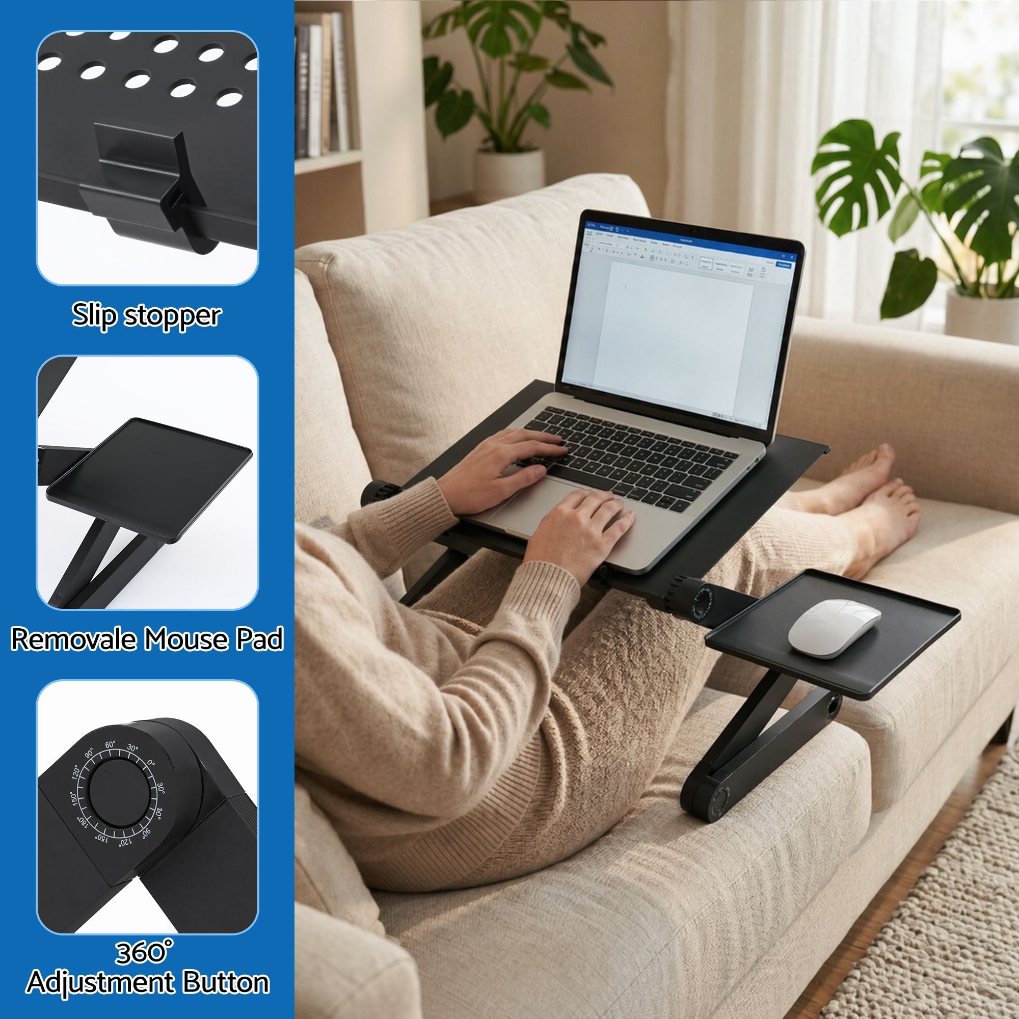 Aluminium Laptop Stand with Foldable Lap Desk and Detachable Mouse Pad - Black