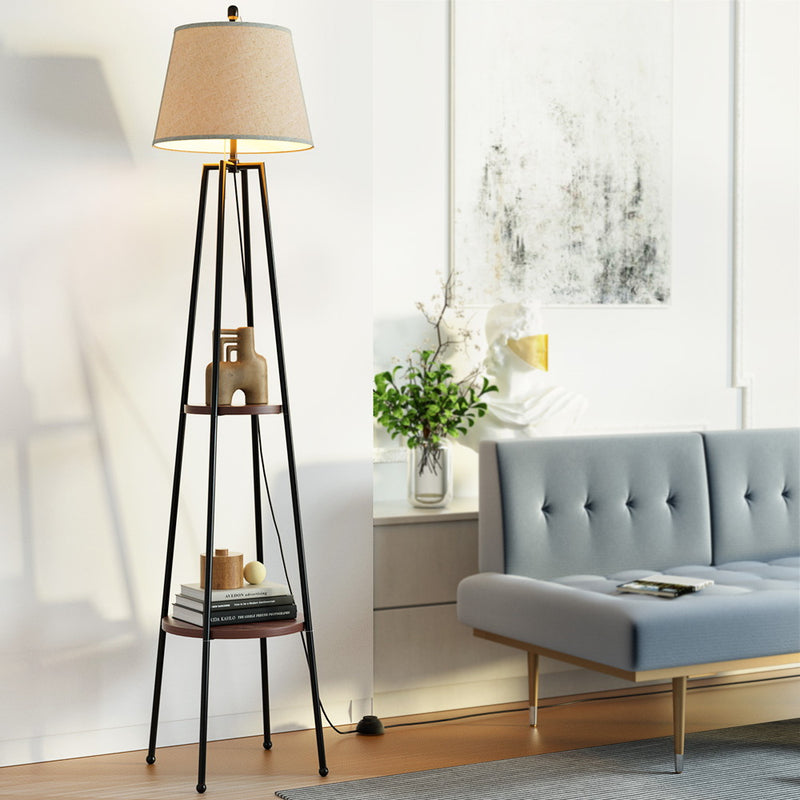 Contemporary Floor Lamp with Integrated Shelves and Linen Lampshade