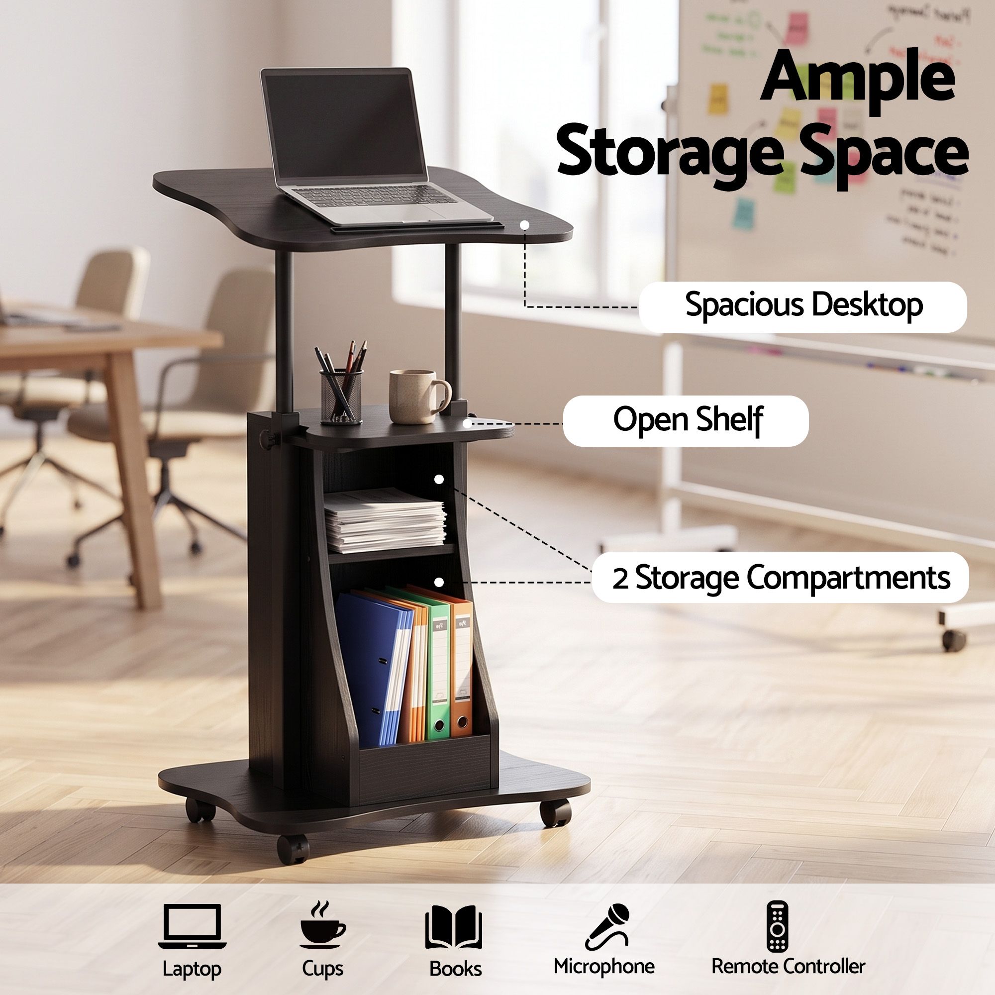 Mobile Podium Stand with Lockable Wheels Height Adjustable Laptop Desk Black