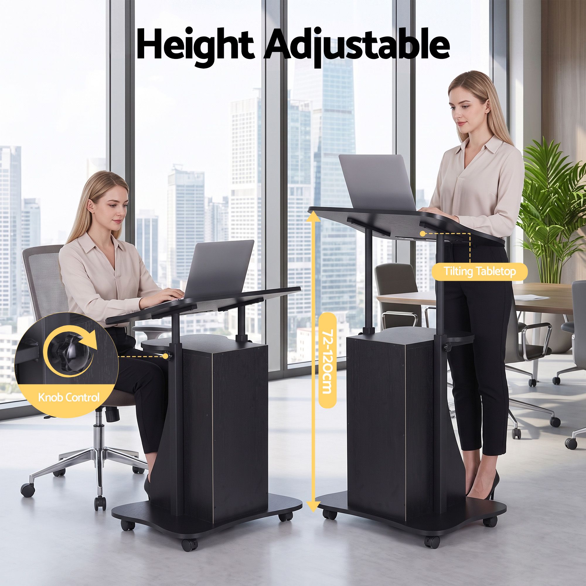 Mobile Podium Stand with Lockable Wheels Height Adjustable Laptop Desk Black