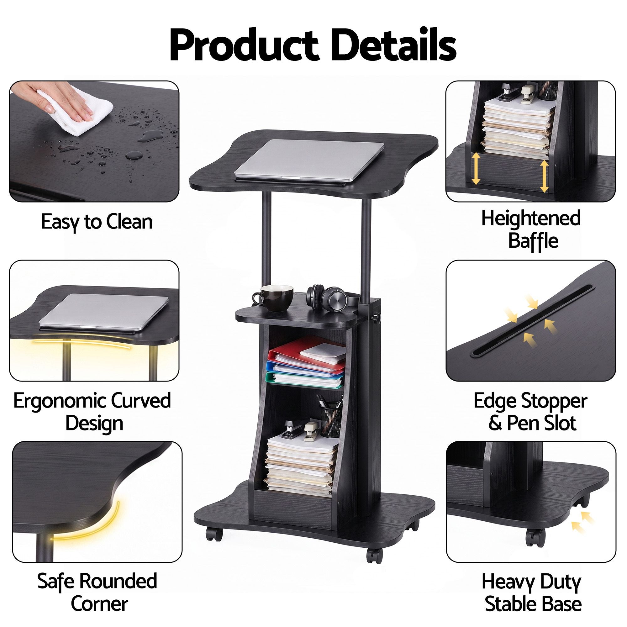 Mobile Podium Stand with Lockable Wheels Height Adjustable Laptop Desk Black