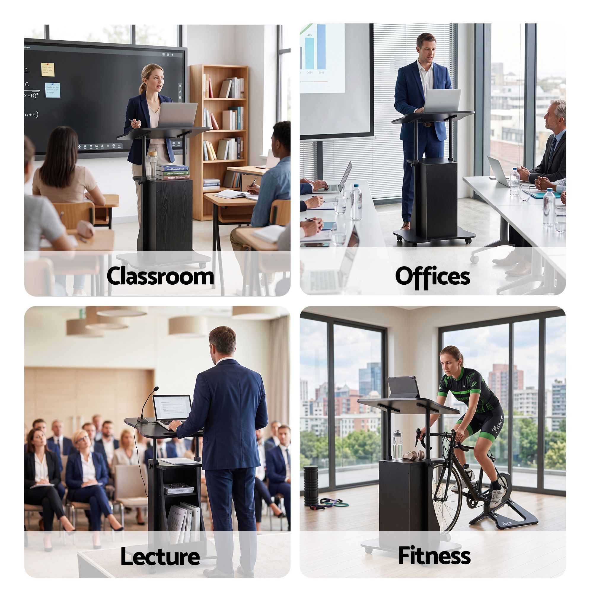 Mobile Podium Stand with Lockable Wheels Height Adjustable Laptop Desk Black