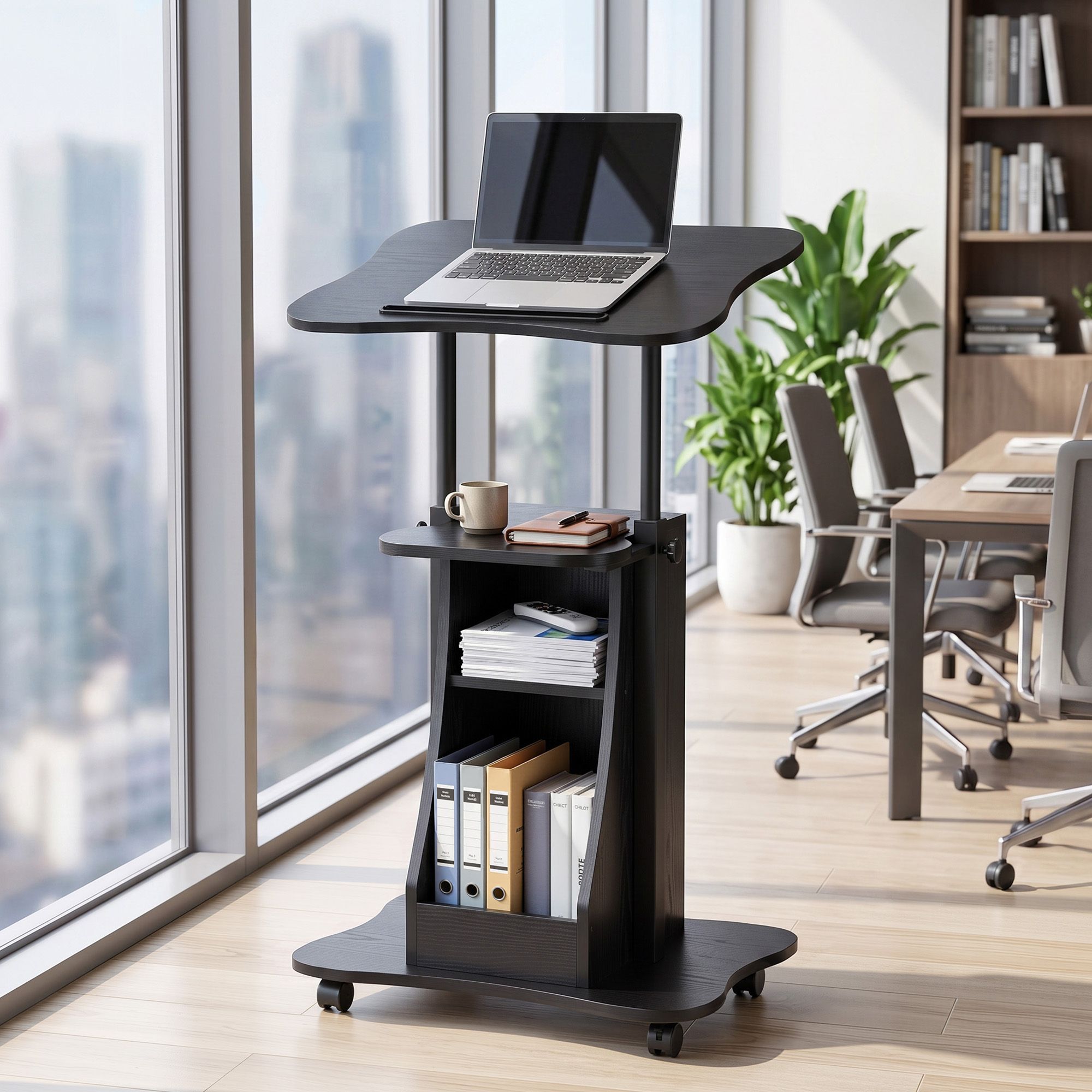 Mobile Podium Stand with Lockable Wheels Height Adjustable Laptop Desk Black