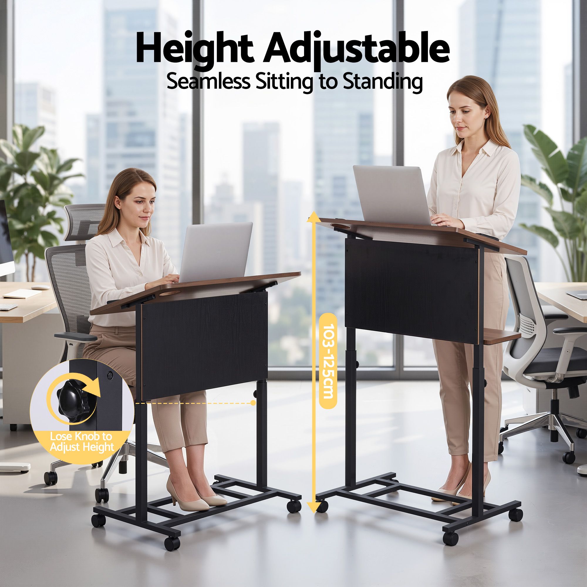 Mobile Lectern Podium Stand with Storage Shelf and Height Adjustable Laptop Desk - Black & Walnut