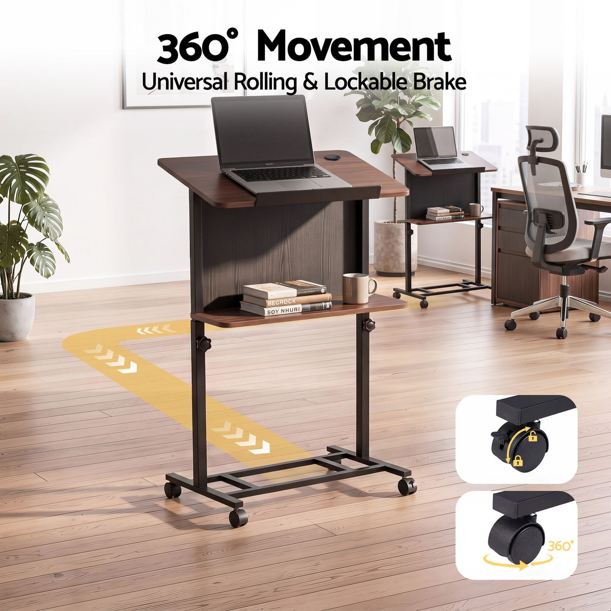 Mobile Lectern Podium Stand with Storage Shelf and Height Adjustable Laptop Desk - Black & Walnut