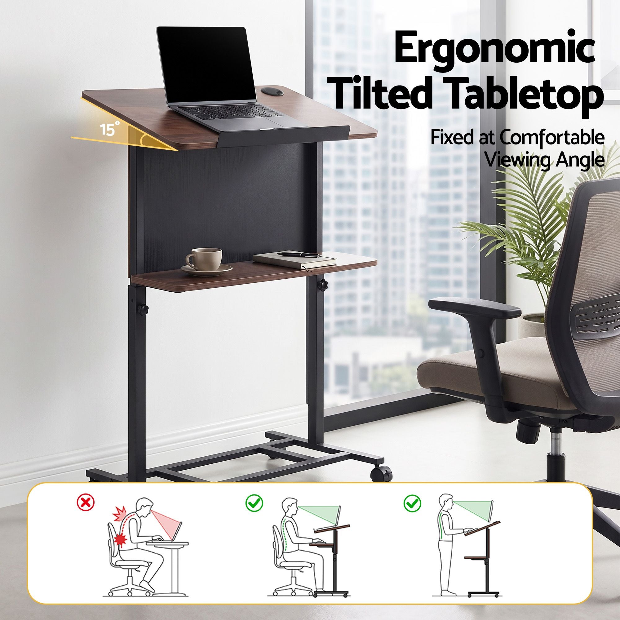 Mobile Lectern Podium Stand with Storage Shelf and Height Adjustable Laptop Desk - Black & Walnut